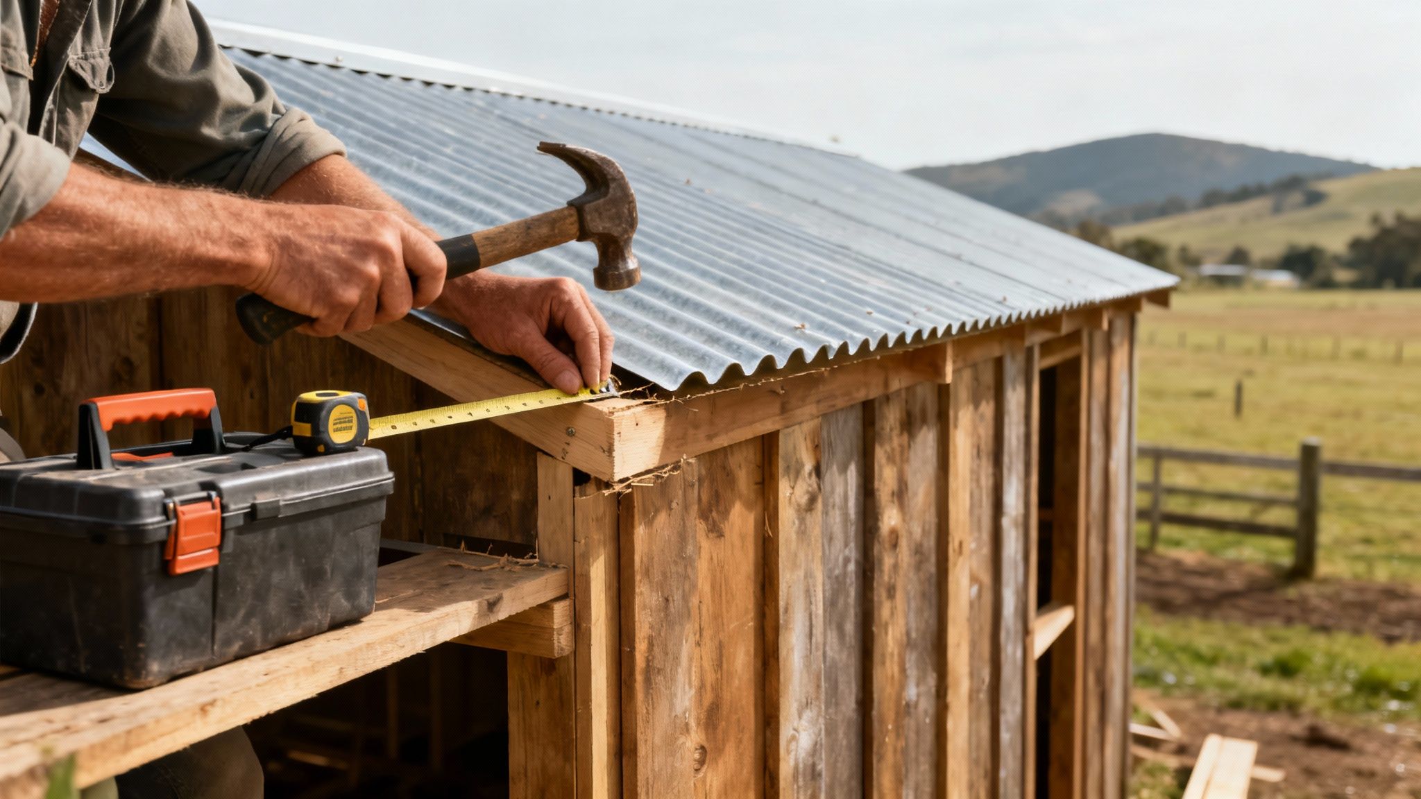 Close-up of a person's hands measuring wood with a tape measure, building a shed.