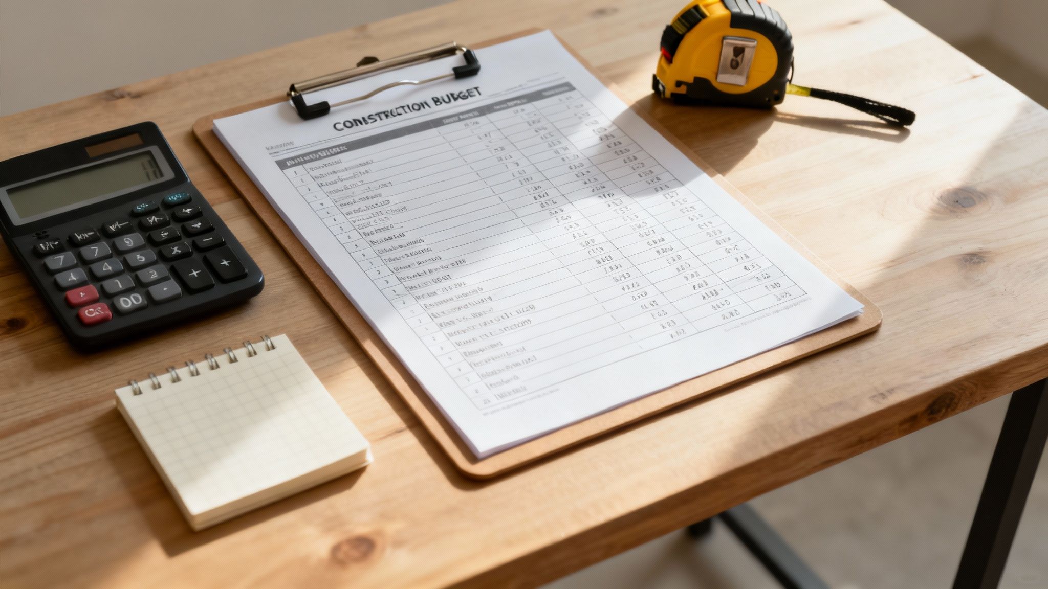 A detailed architectural blueprint of a house spread out on a wooden table, with pens and a calculator nearby.