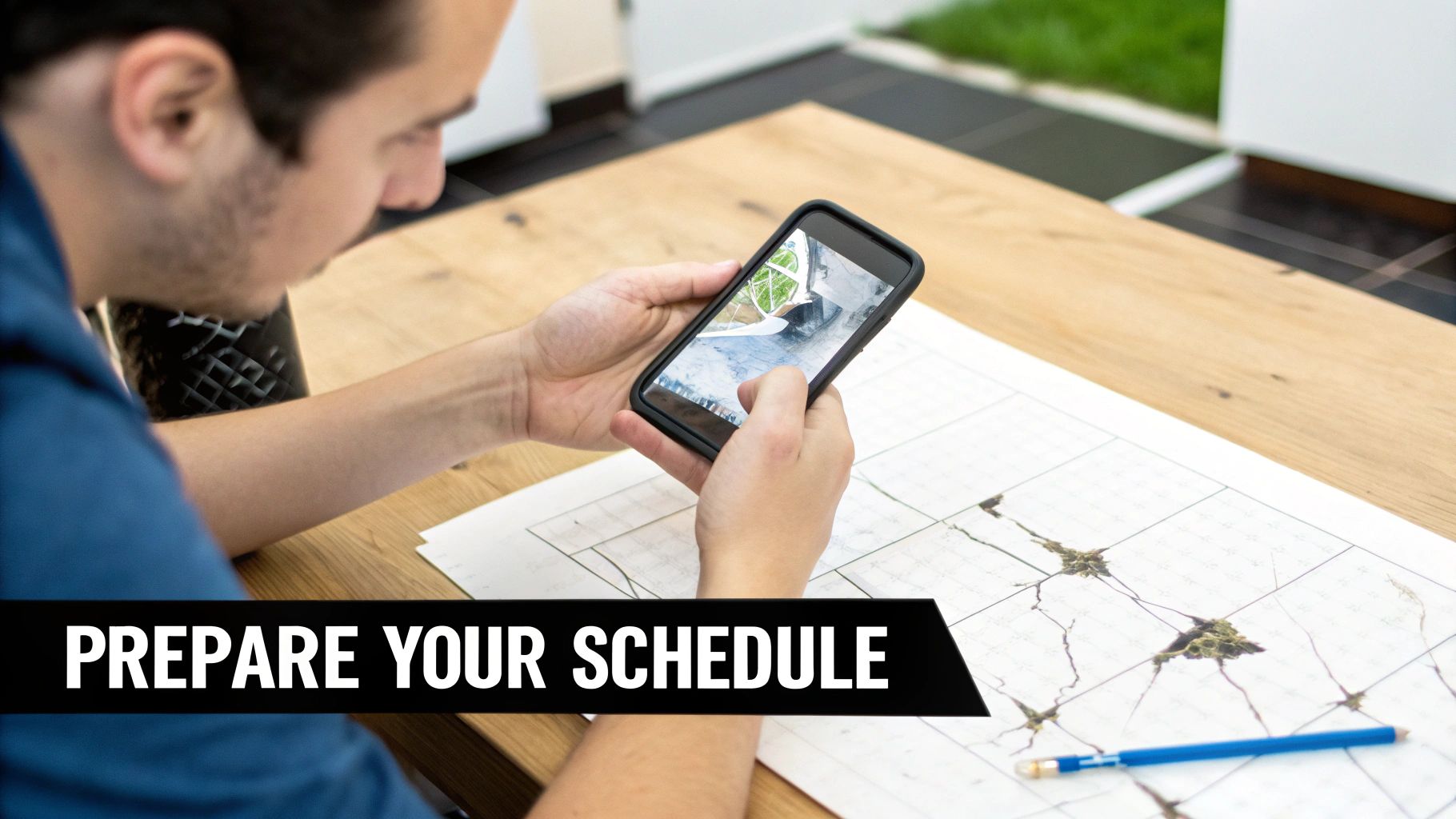 A homeowner sits at a table, meticulously organizing photos and quotes for a Scott Schedule, with a laptop open.