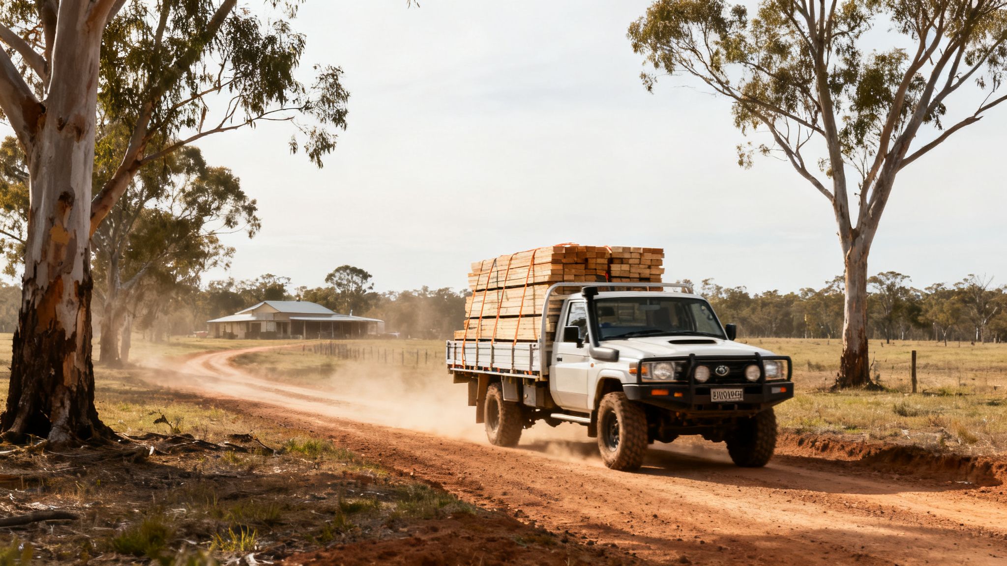 A white pickup truck loaded with lumber drives on a dusty dirt road through a rural landscape.