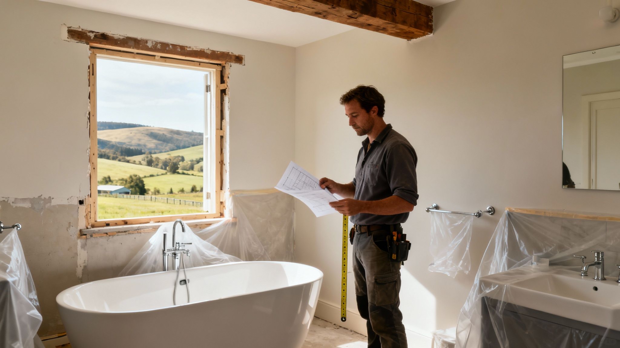 A modern bathroom with a freestanding tub, large window, and minimalist design, renovated by a Tamworth specialist.