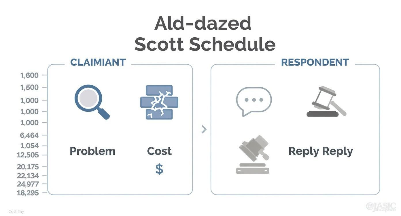 Infographic about Scott Schedule showing the claimant's role (problem, cost) and the respondent's role (reply).