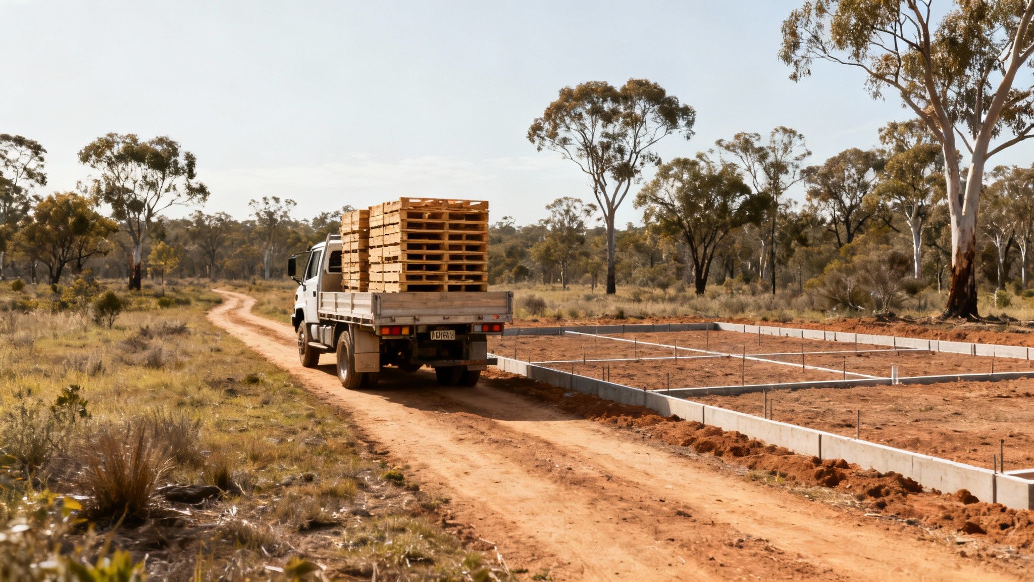 A 4x4 truck navigating a rugged, unpaved road on a remote rural property in NSW.