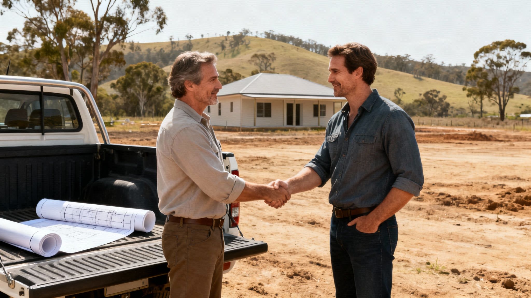 Two men, one a builder, shake hands in front of a new house with blueprints on a truck.