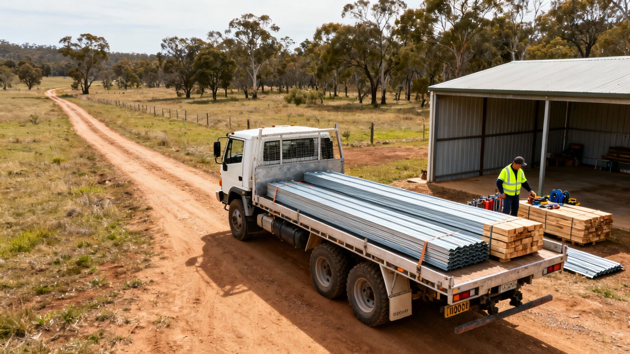 A man in a hi-vis vest unloads metal cladding and timber from a truck at a rural construction site.