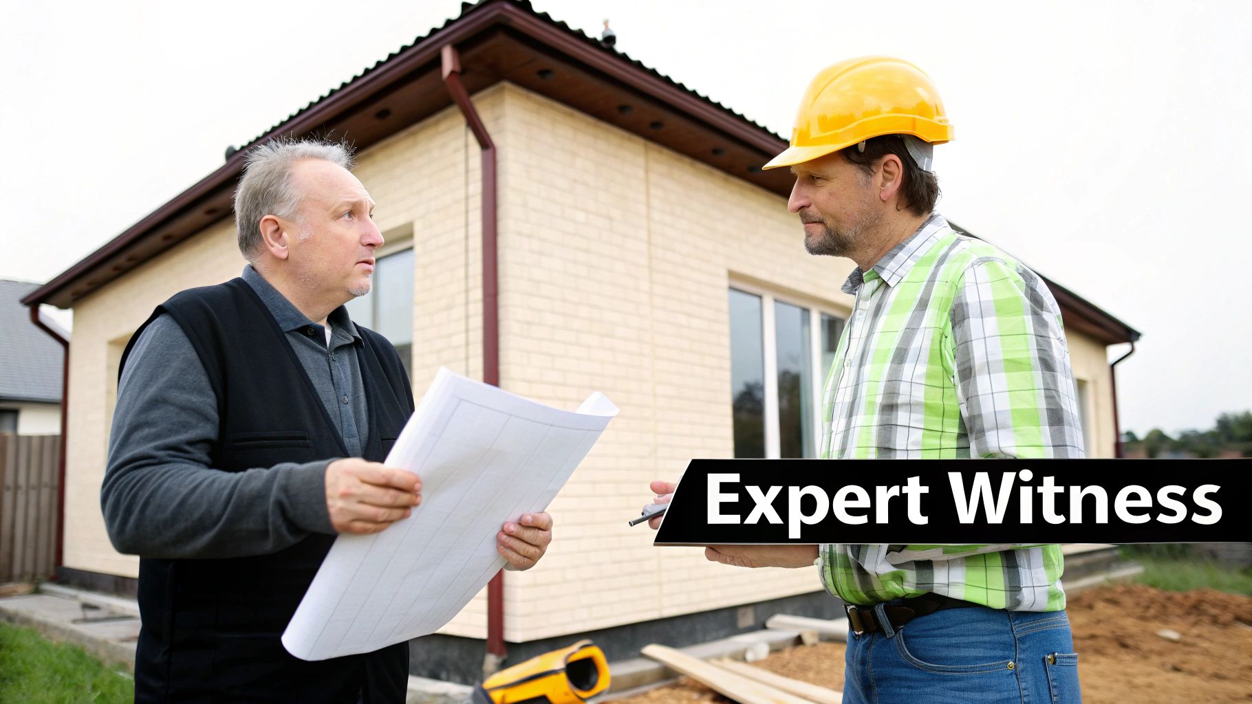 An expert witness and a construction worker review building plans at a construction site.