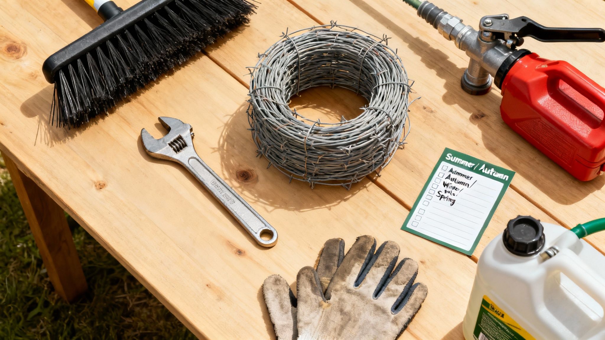 A rural property checklist being reviewed on a clipboard with a well-maintained shed and fences in the background.