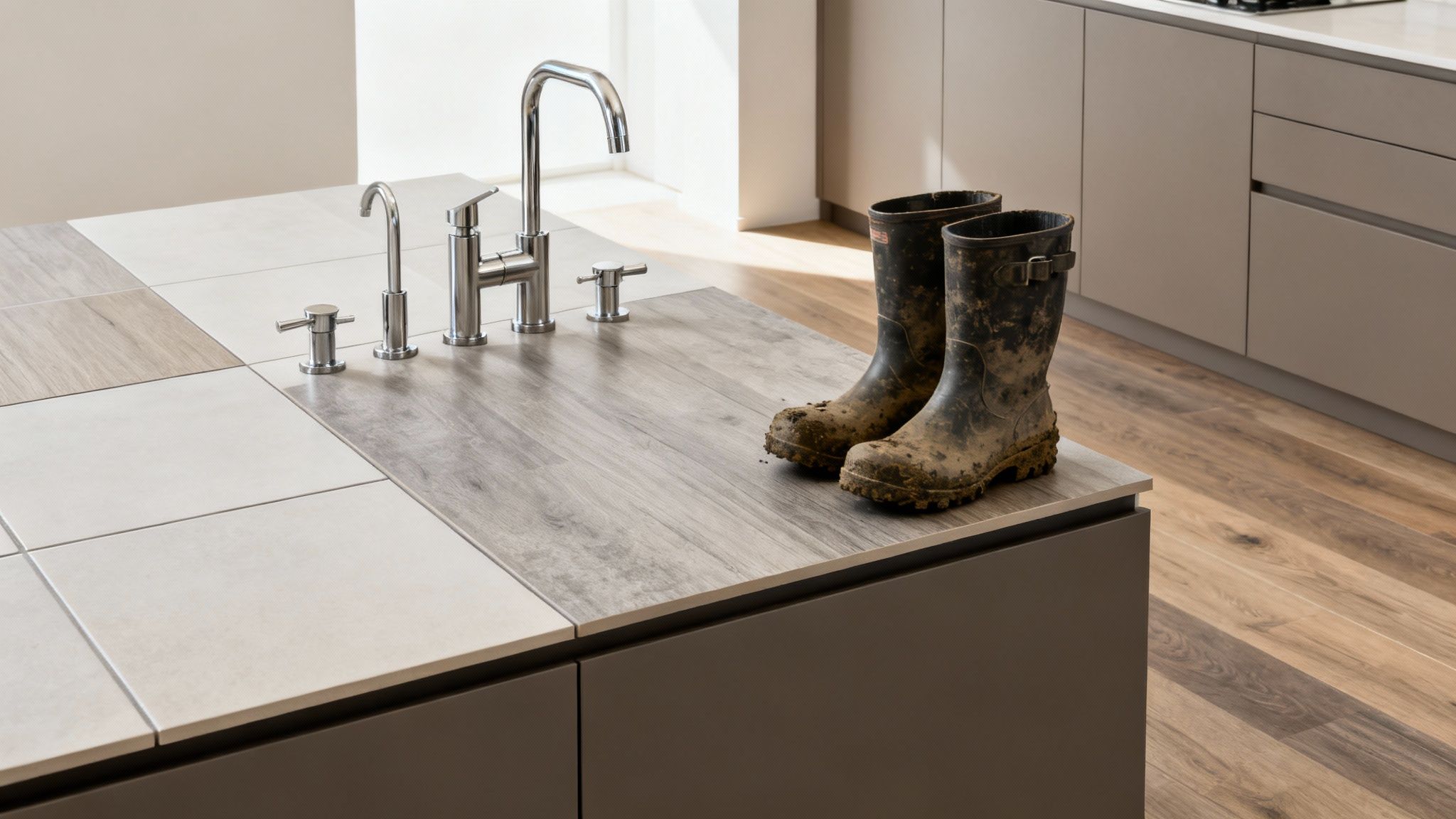 A durable and stylish bathroom featuring porcelain tiles and robust fixtures, ideal for a farm property renovation.