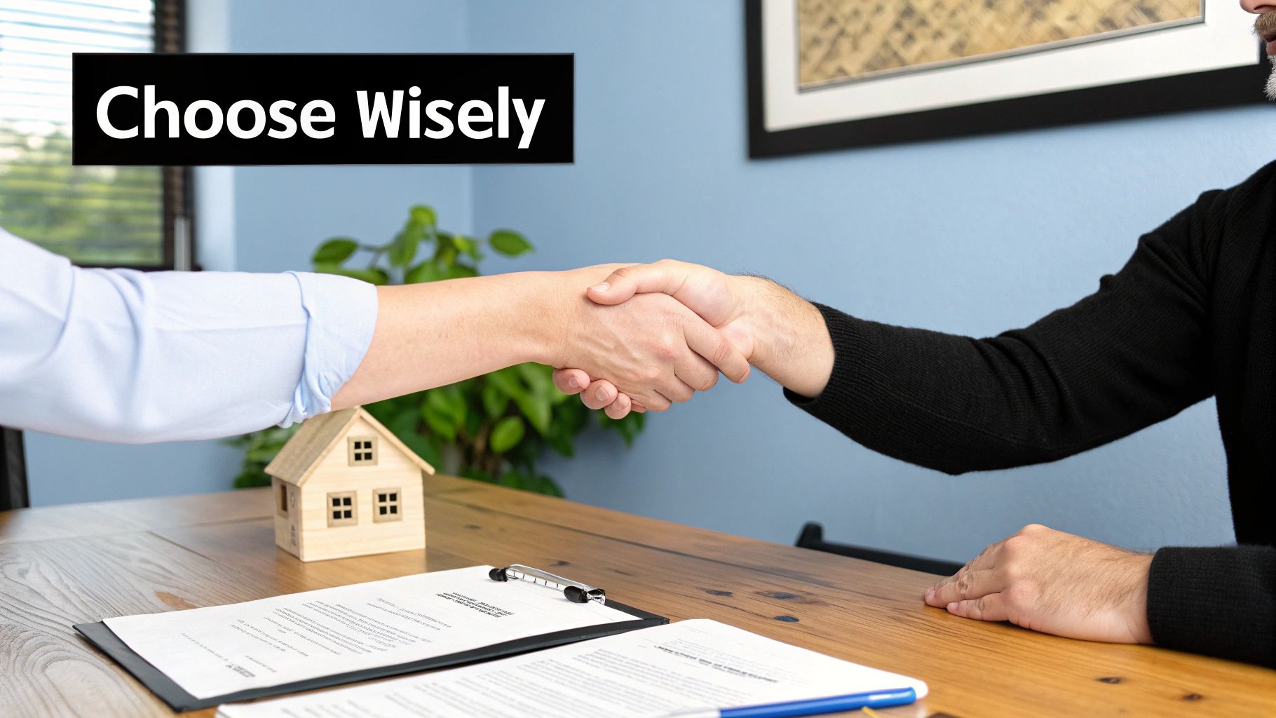 Two people shaking hands over a table with a house model and documents, with 'Choose Wisely' text.