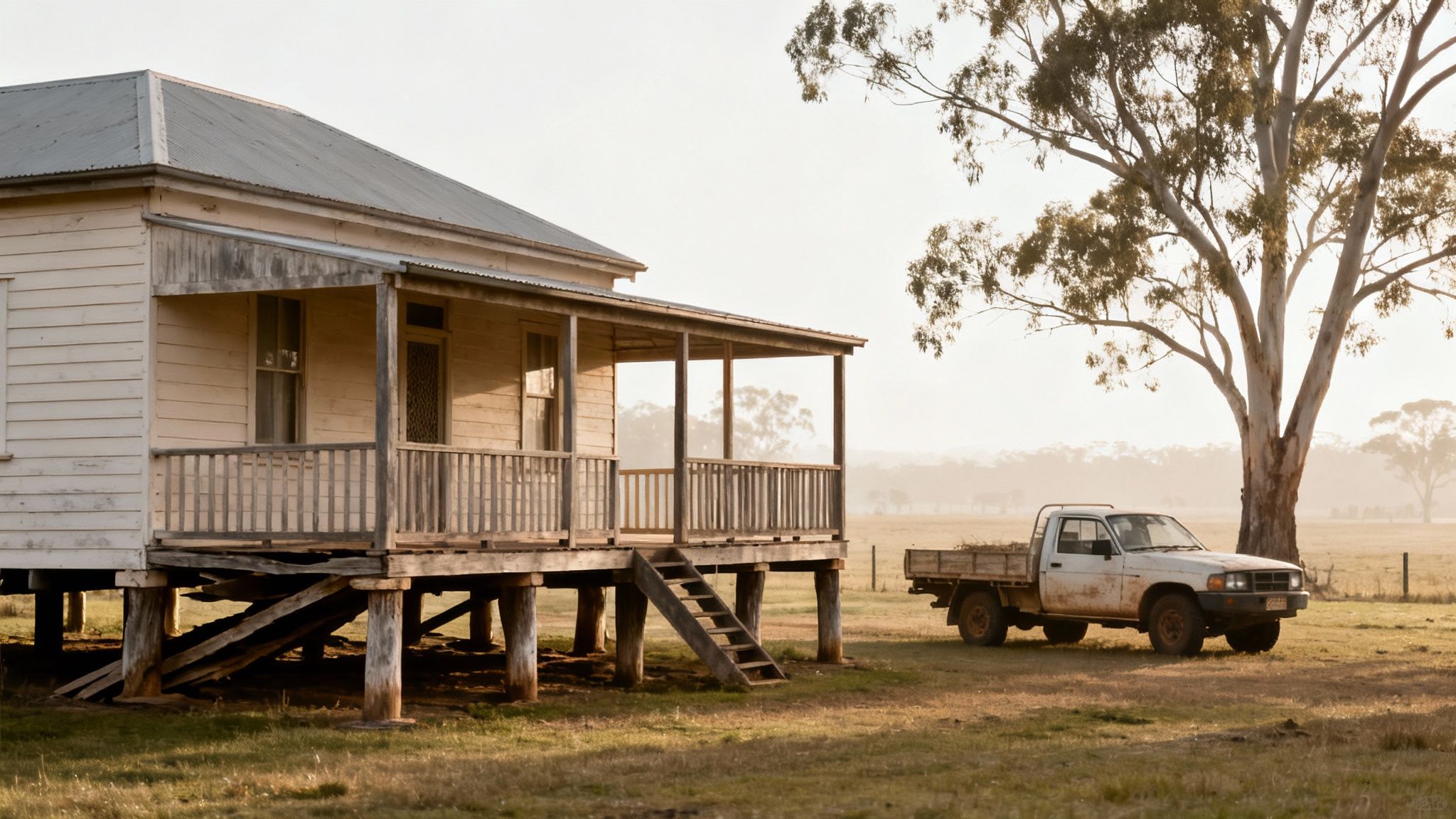 An old, elevated wooden house with a porch, a white pickup truck, and a large tree in a rural landscape.