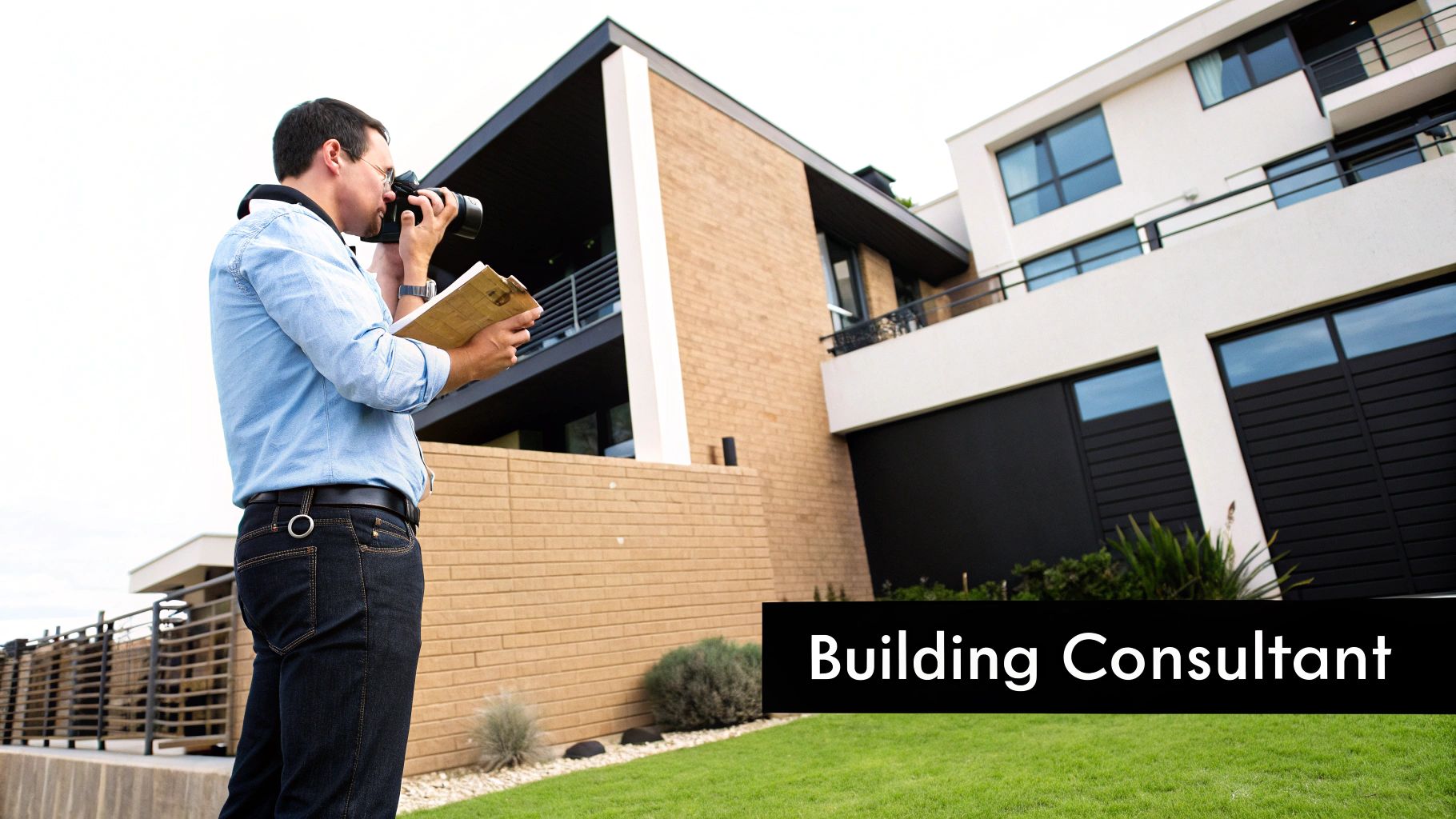 A Sydney building consultant reviewing blueprints at a construction site.