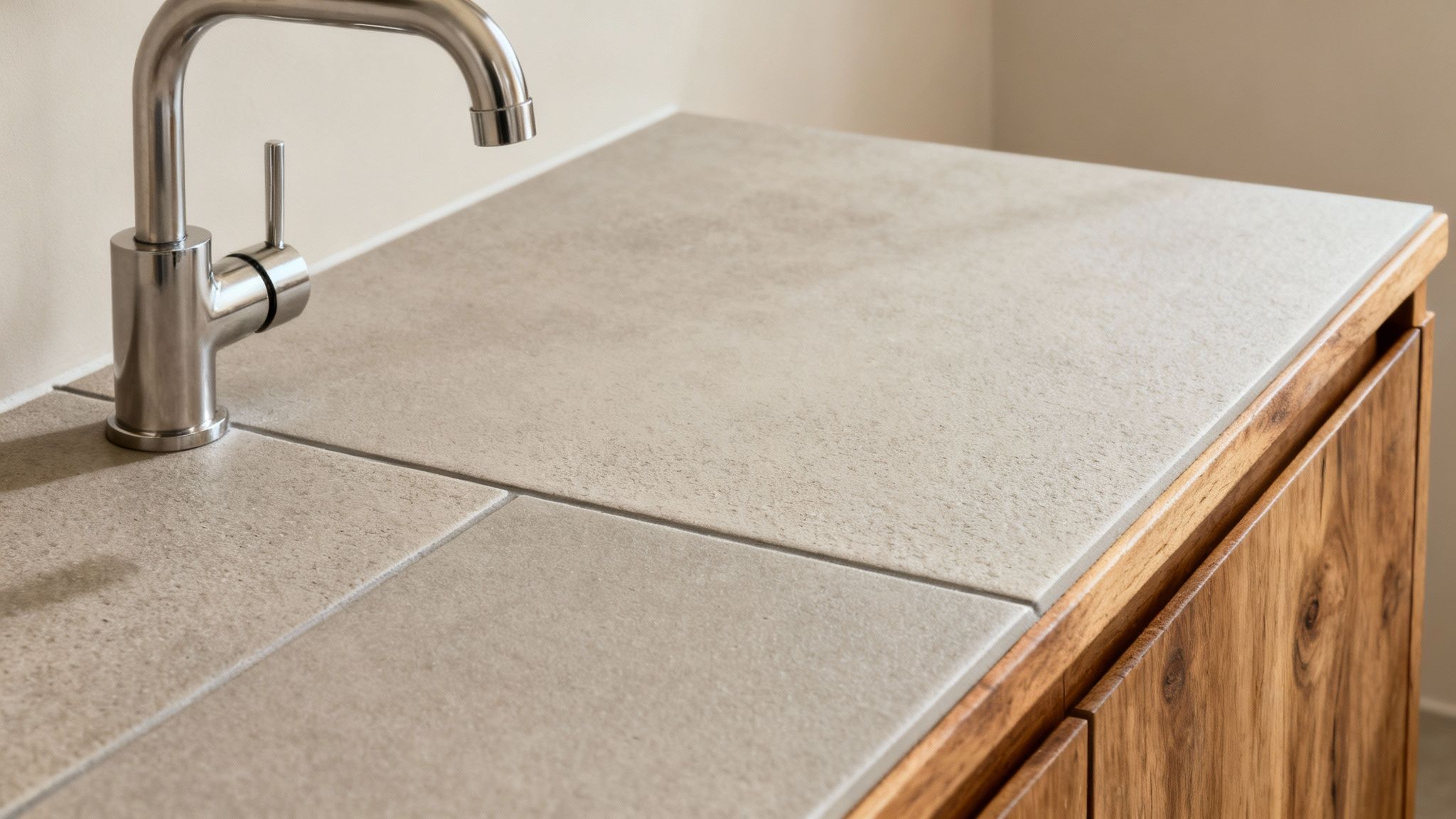 Close-up of a modern bathroom with a stainless steel faucet, tiled countertop, and wooden cabinet.