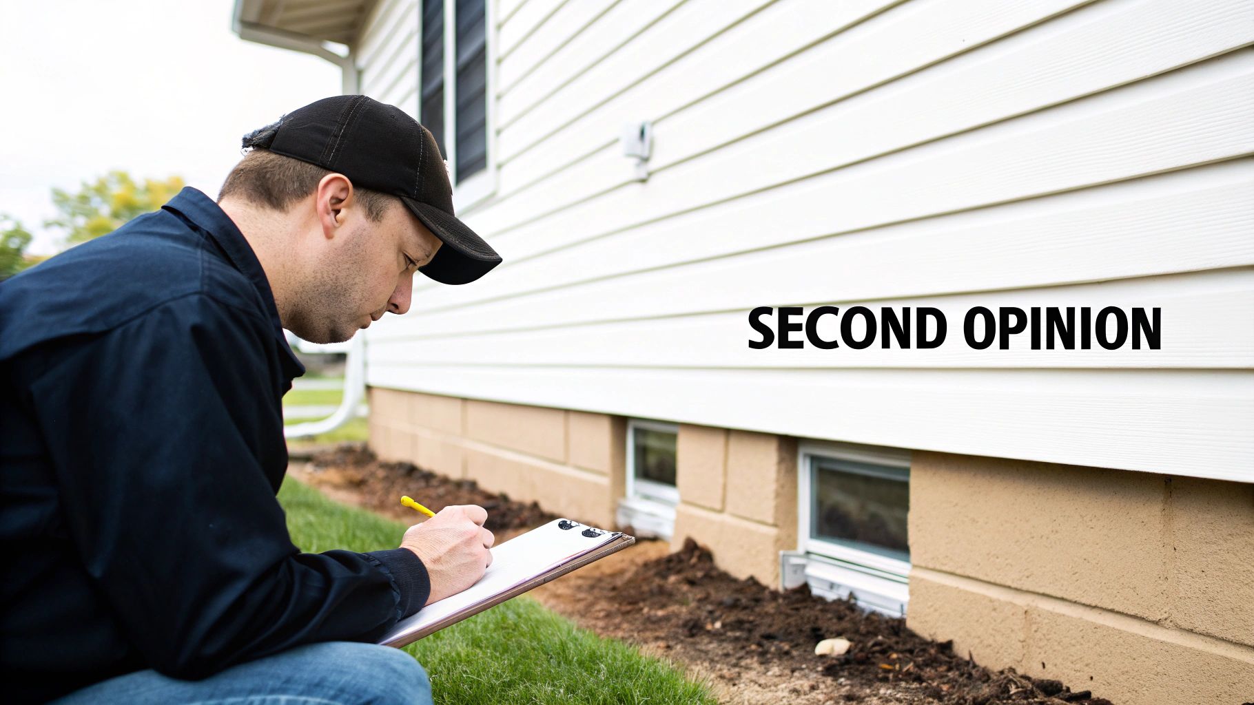 A building inspector examining the exterior of a modern home with a clipboard in hand.