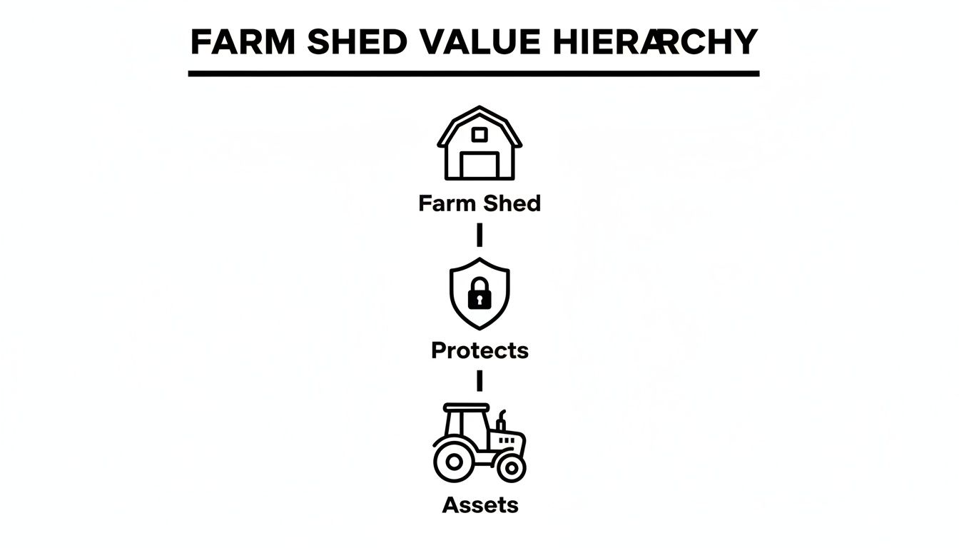 A black and white diagram titled 'Farm Shed Value Hierarchy' showing a shed protecting assets.