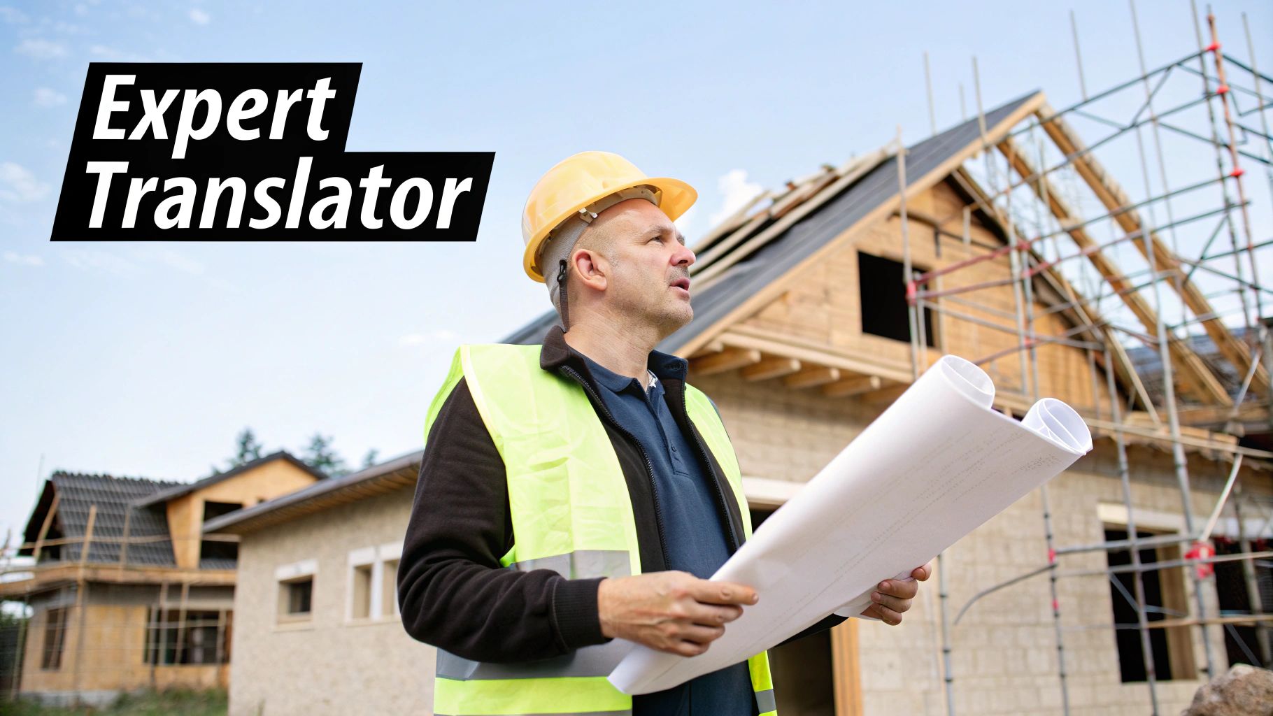 A construction manager in a hard hat and safety vest reviews blueprints at a building site.