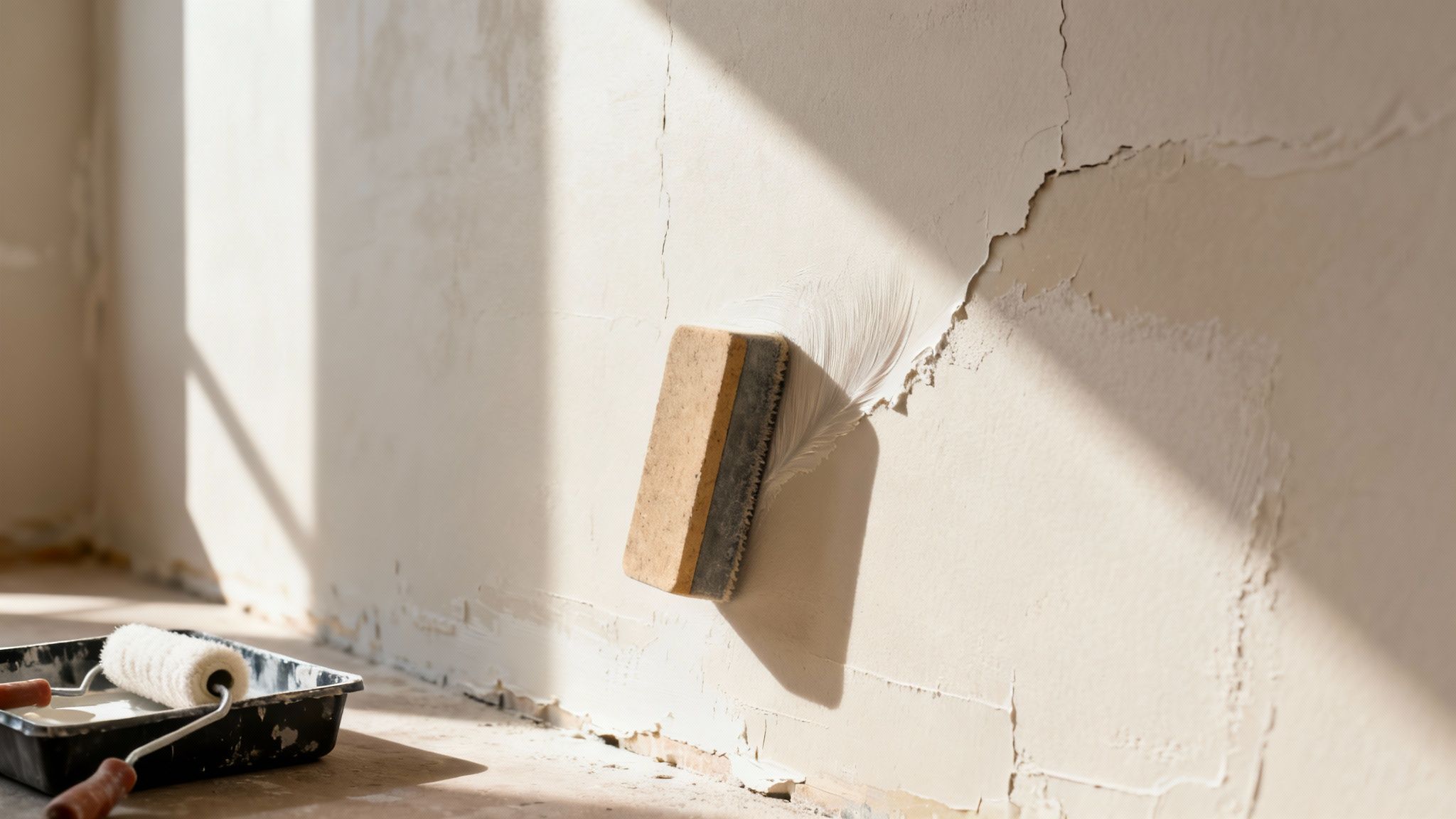 A sanding block smooths fresh plaster on a beige wall during home renovation, with a paint roller in a tray.