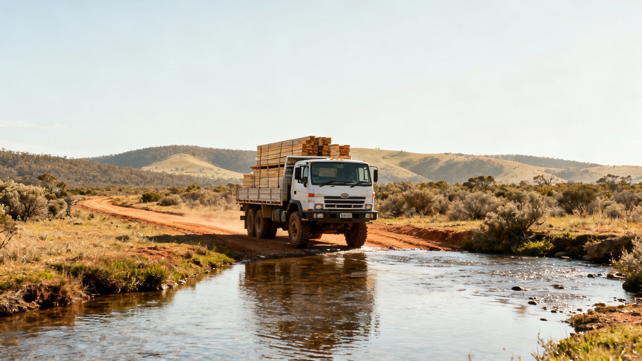 A white flatbed truck loaded with lumber drives through a shallow river on a dirt road.