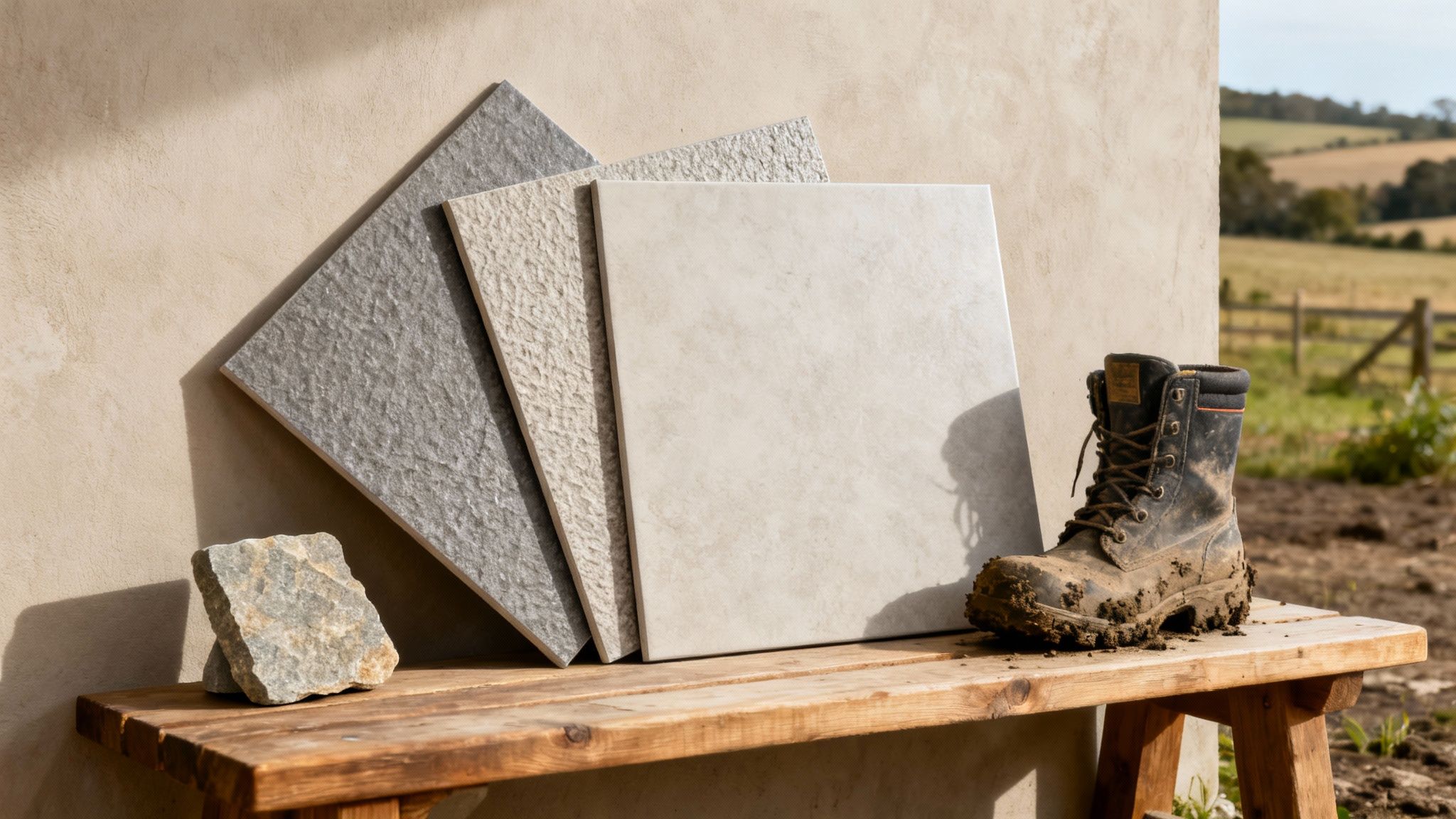 Several outdoor tiles, natural stone, and a muddy work boot on a rustic wooden bench.