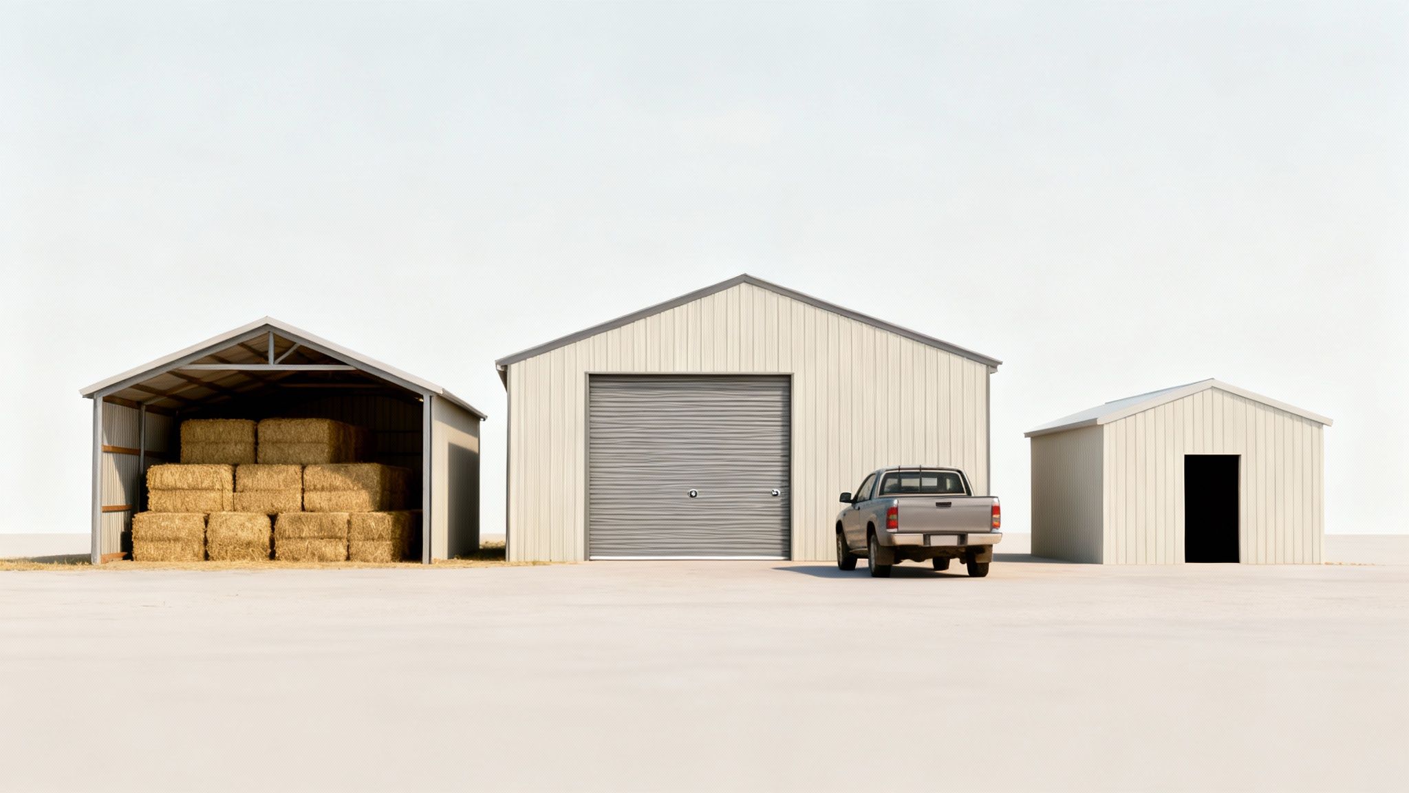 Three modern metal farm sheds, one filled with hay, one with a pickup truck, and a small shed.