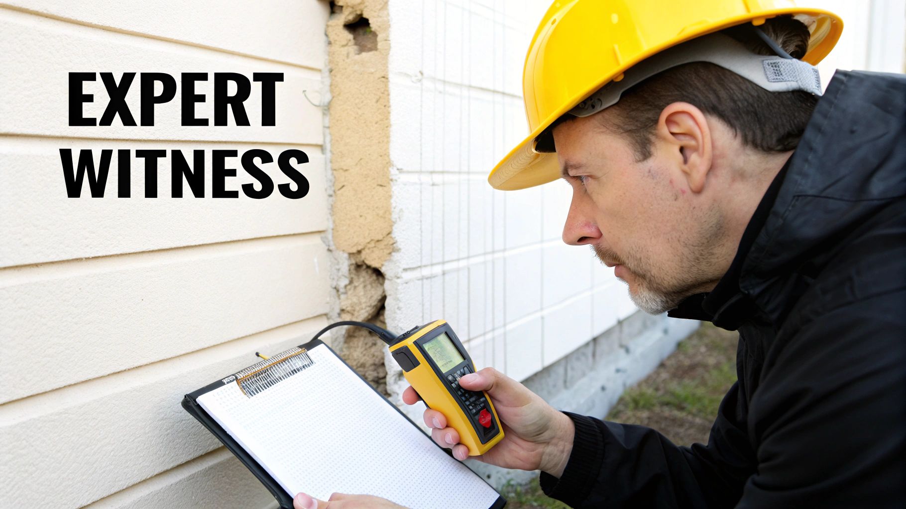 A construction expert witness in a hard hat inspecting a building wall with a device and clipboard.