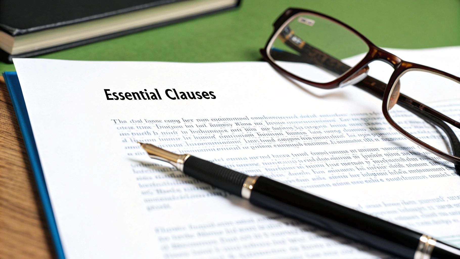 A document titled "Essential Clauses" with a fountain pen and reading glasses on a green desk.