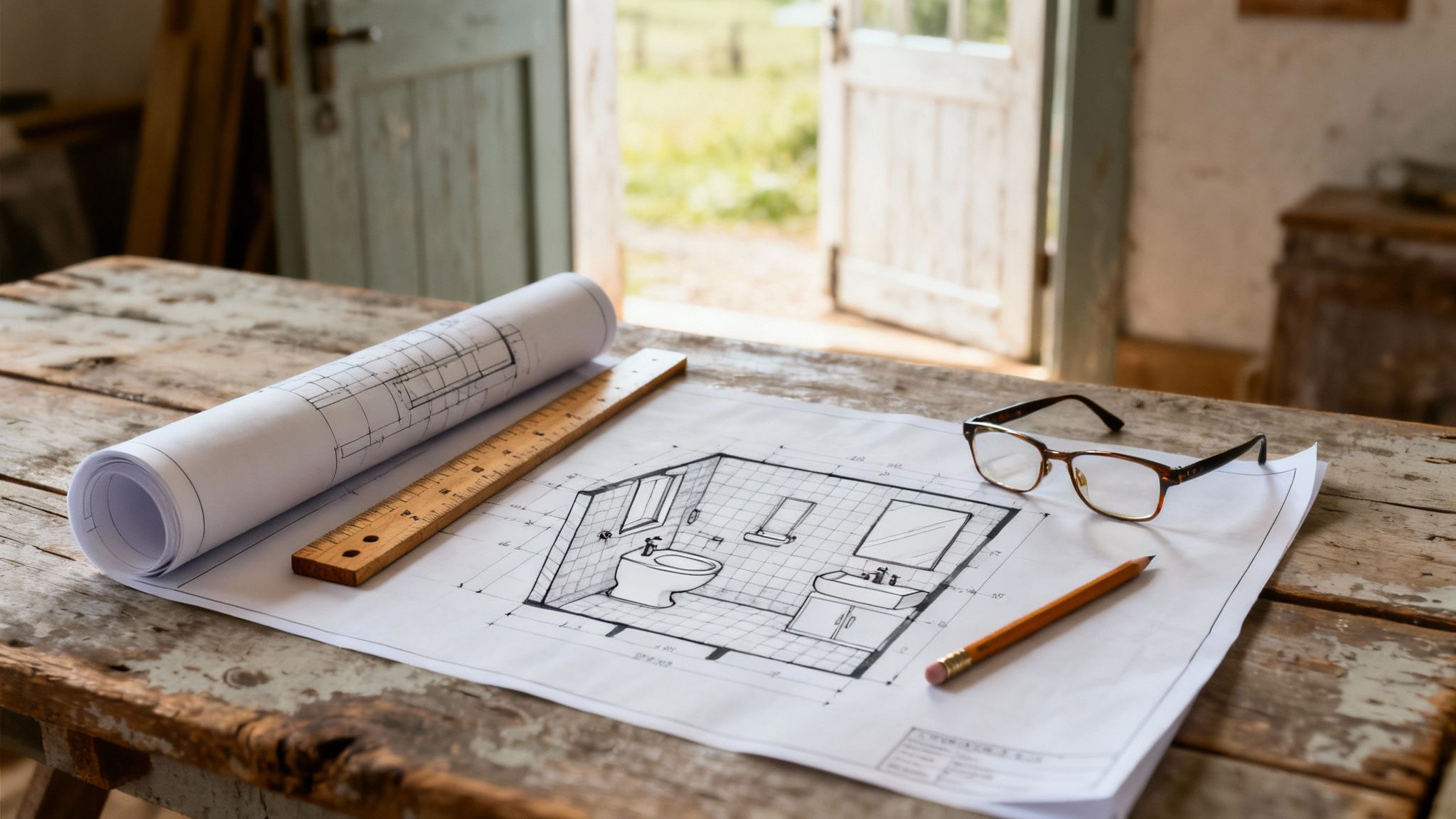 Architectural blueprint of a bathroom design on a rustic wooden table with tools.