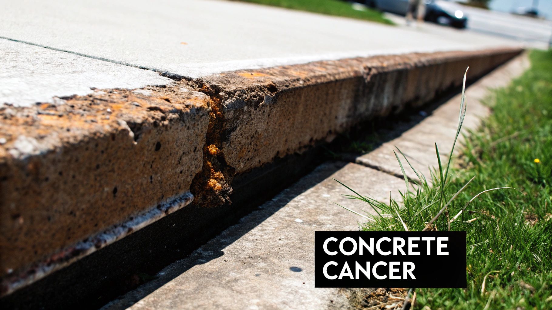 A close-up shot of a cracked and spalling concrete wall, showing exposed and rusted steel rebar inside.
