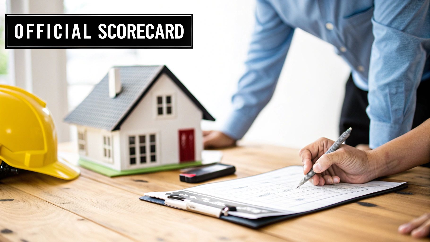 A magnifying glass examining a building blueprint, representing the detailed inspection required for a Scott Schedule