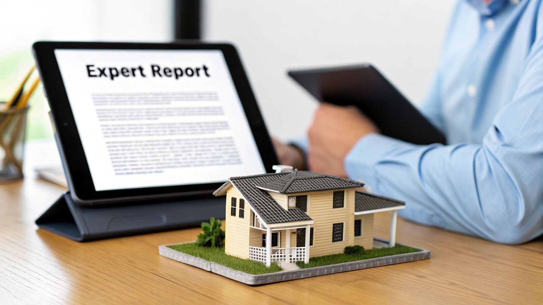 A building consultant pointing out details on a construction plan to a client, symbolising the expert guidance needed for a strong claim.