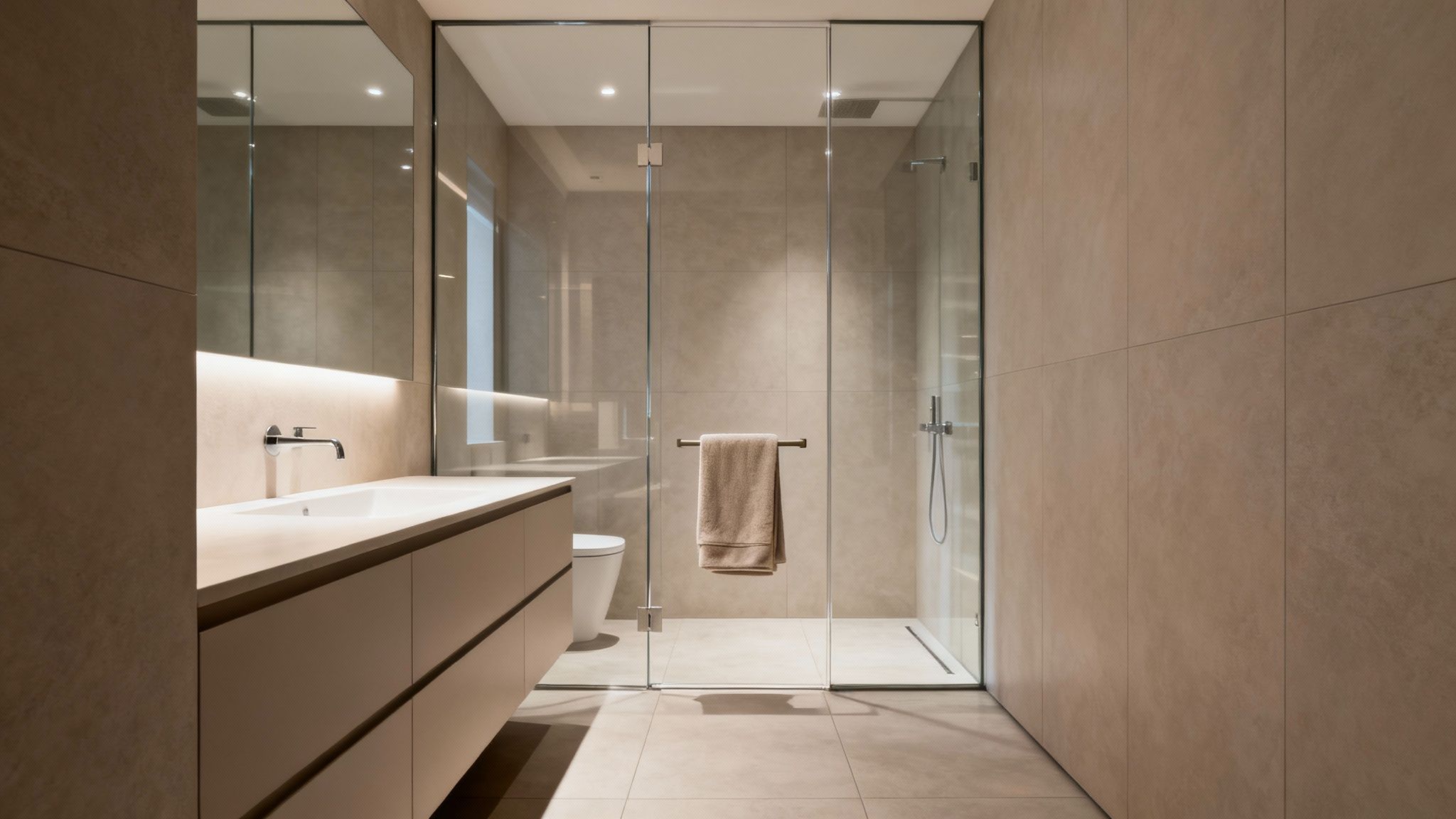 Stylish bathroom with light brown tiles, a sleek vanity, and a clear glass shower.