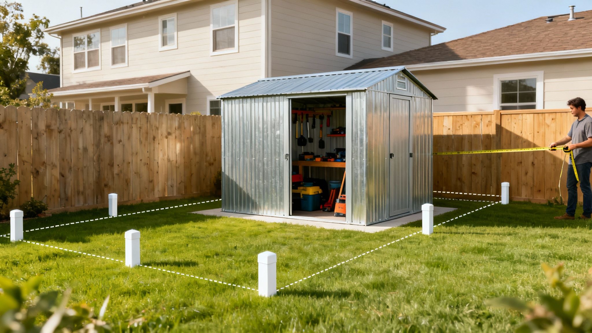 A newly built exempt development shed in a suburban backyard.