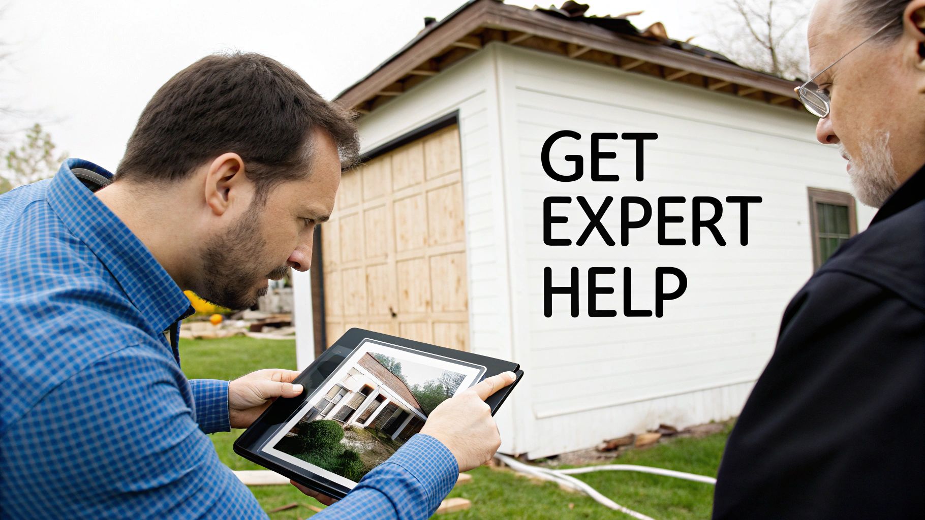 A building consultant inspecting property damage with a clipboard.