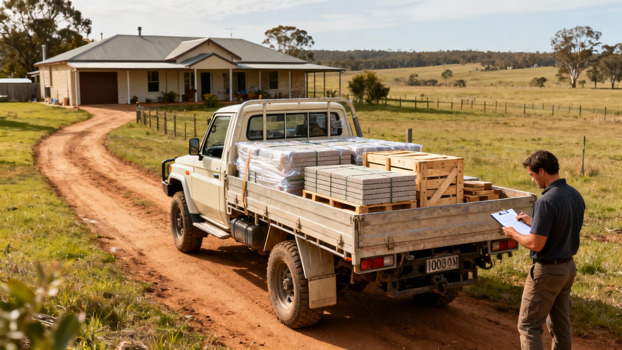 Man checking a clipboard next to a delivery truck loaded with pavers on a rural property.