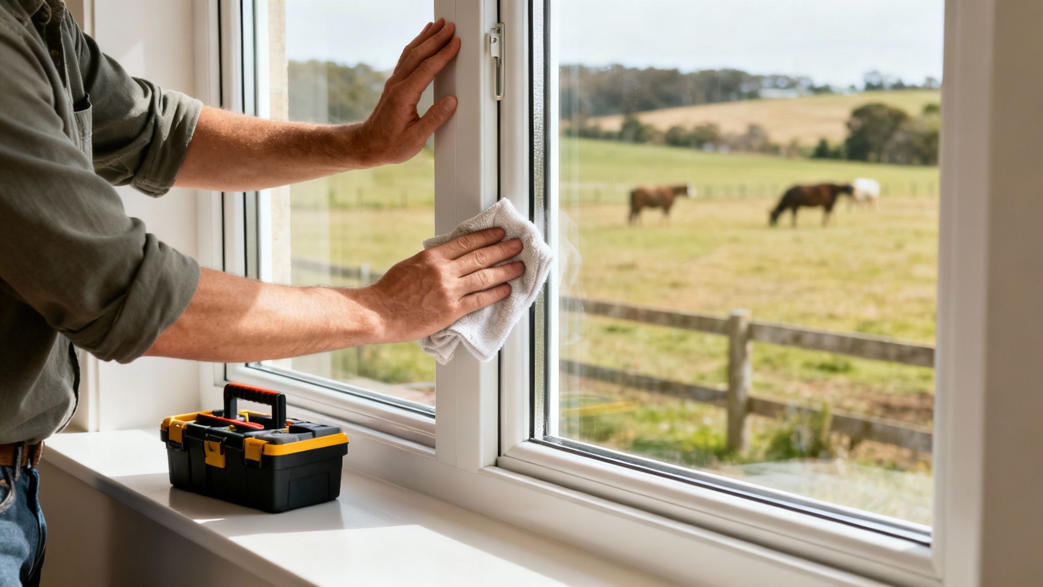 A man cleaning a white window frame with a cloth, a toolbox sits on the sill, overlooking a field with horses.