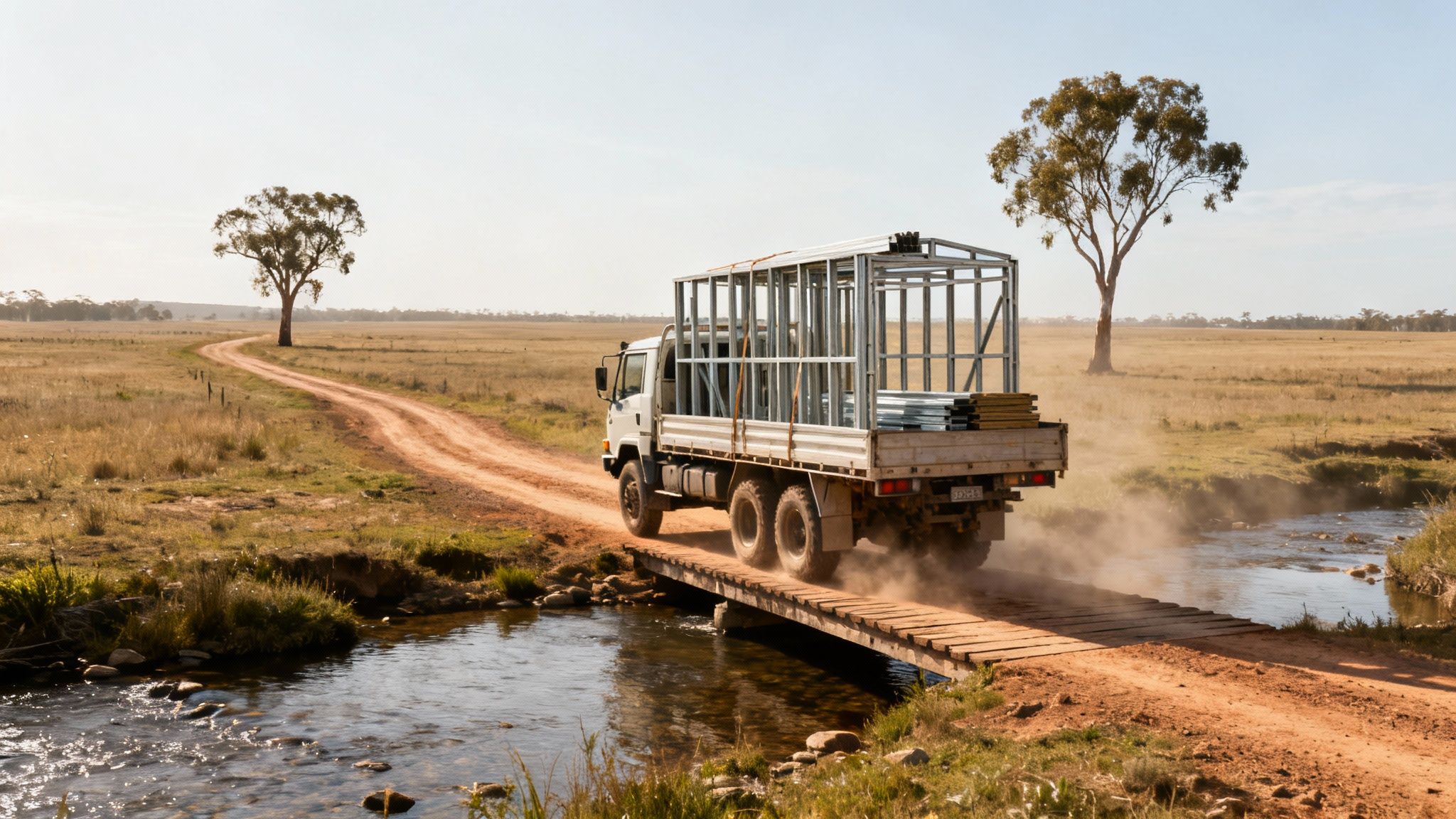 A white truck carrying metal framing drives over a wooden bridge on a dirt road in a dry rural landscape.