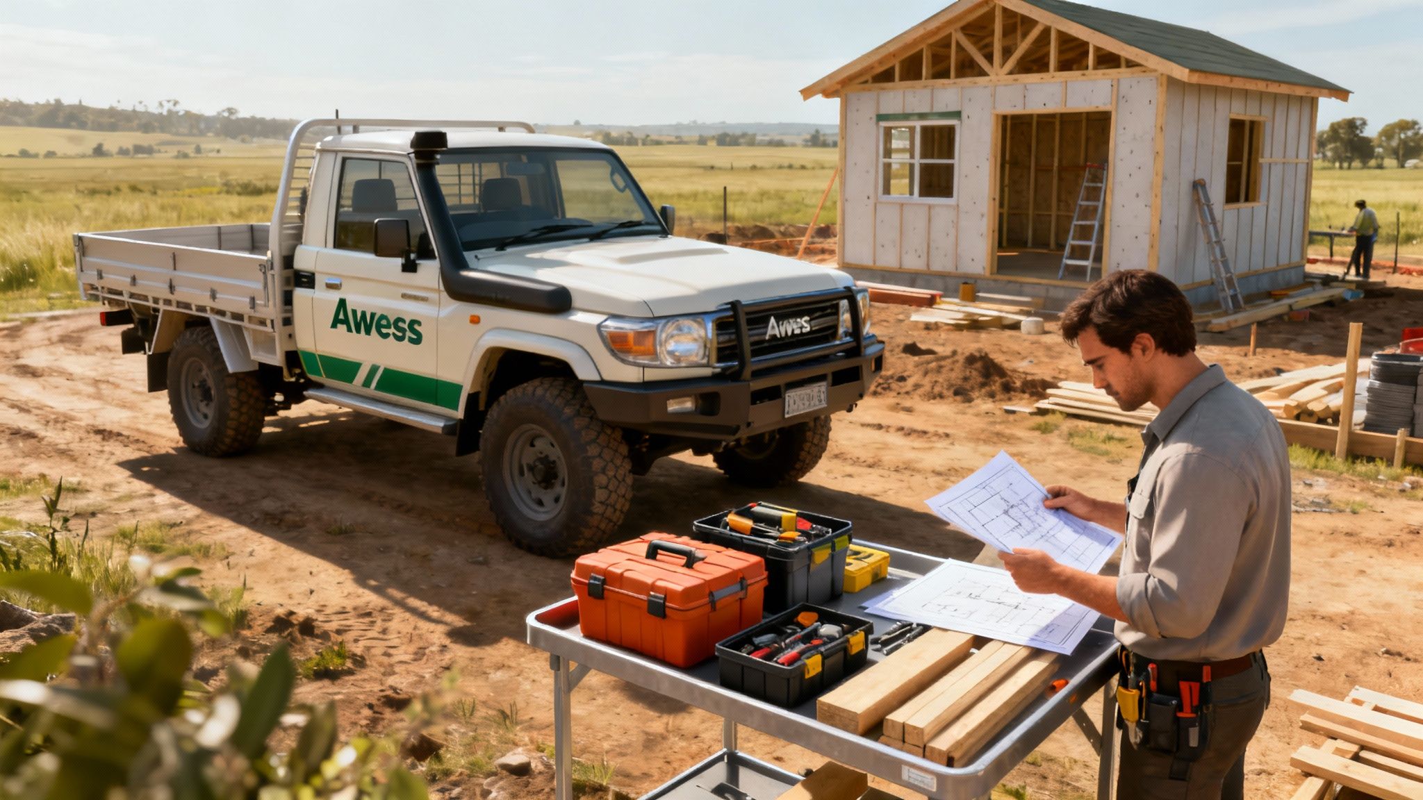 Construction worker reviewing building plans at rural house construction site in NSW Australia