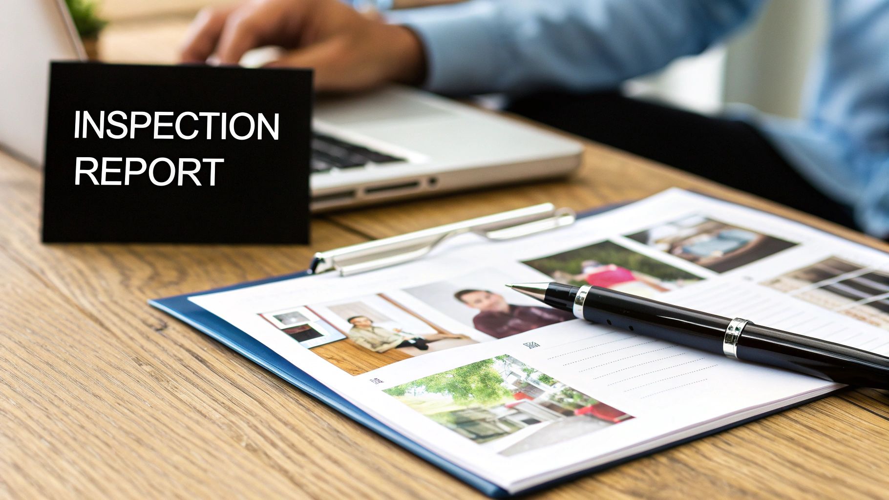 Building consultant report being reviewed on a table with blueprints.