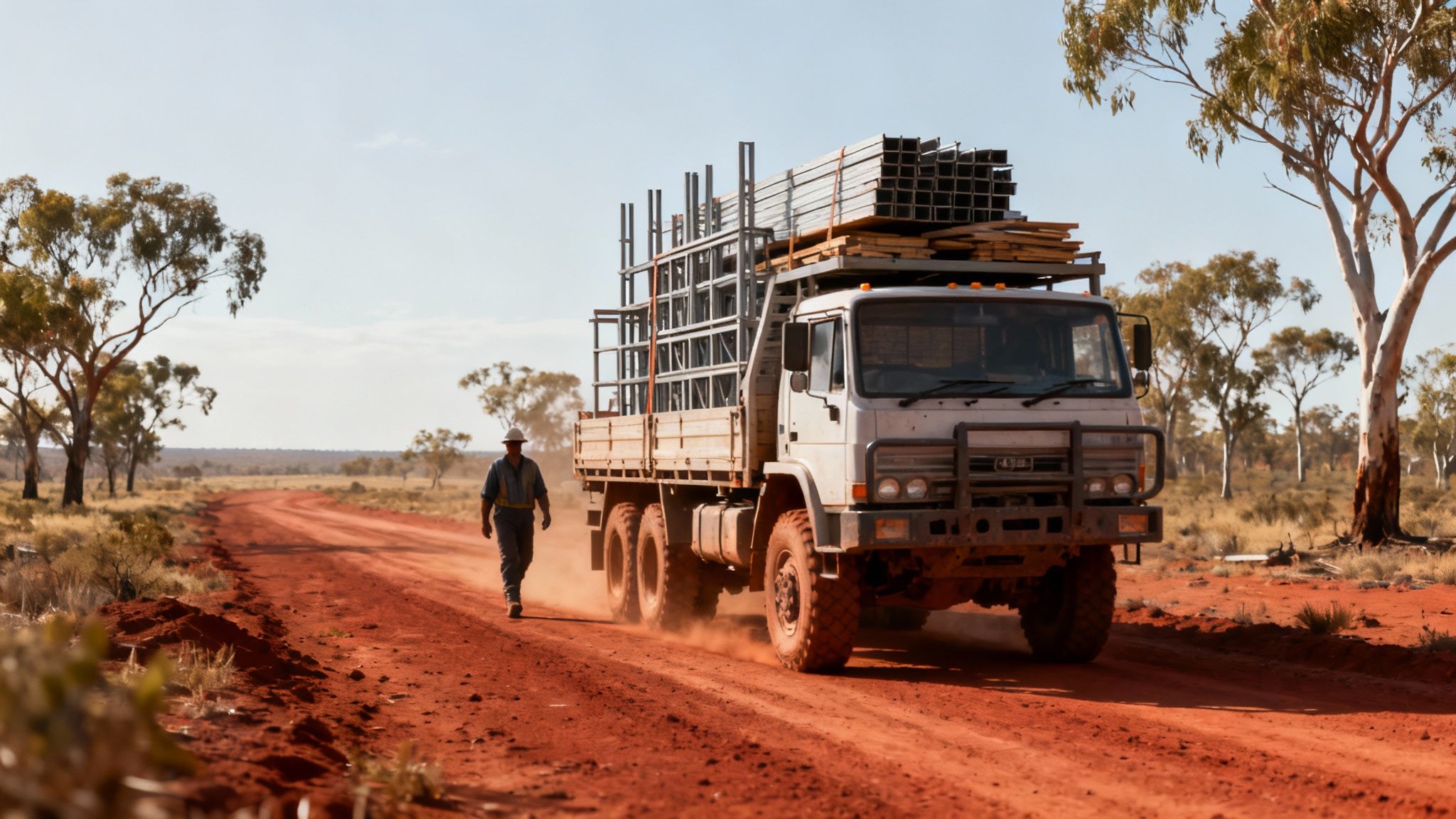 A 4x4 truck navigating a dusty, remote outback road, symbolizing the logistical challenges faced by outback builders.