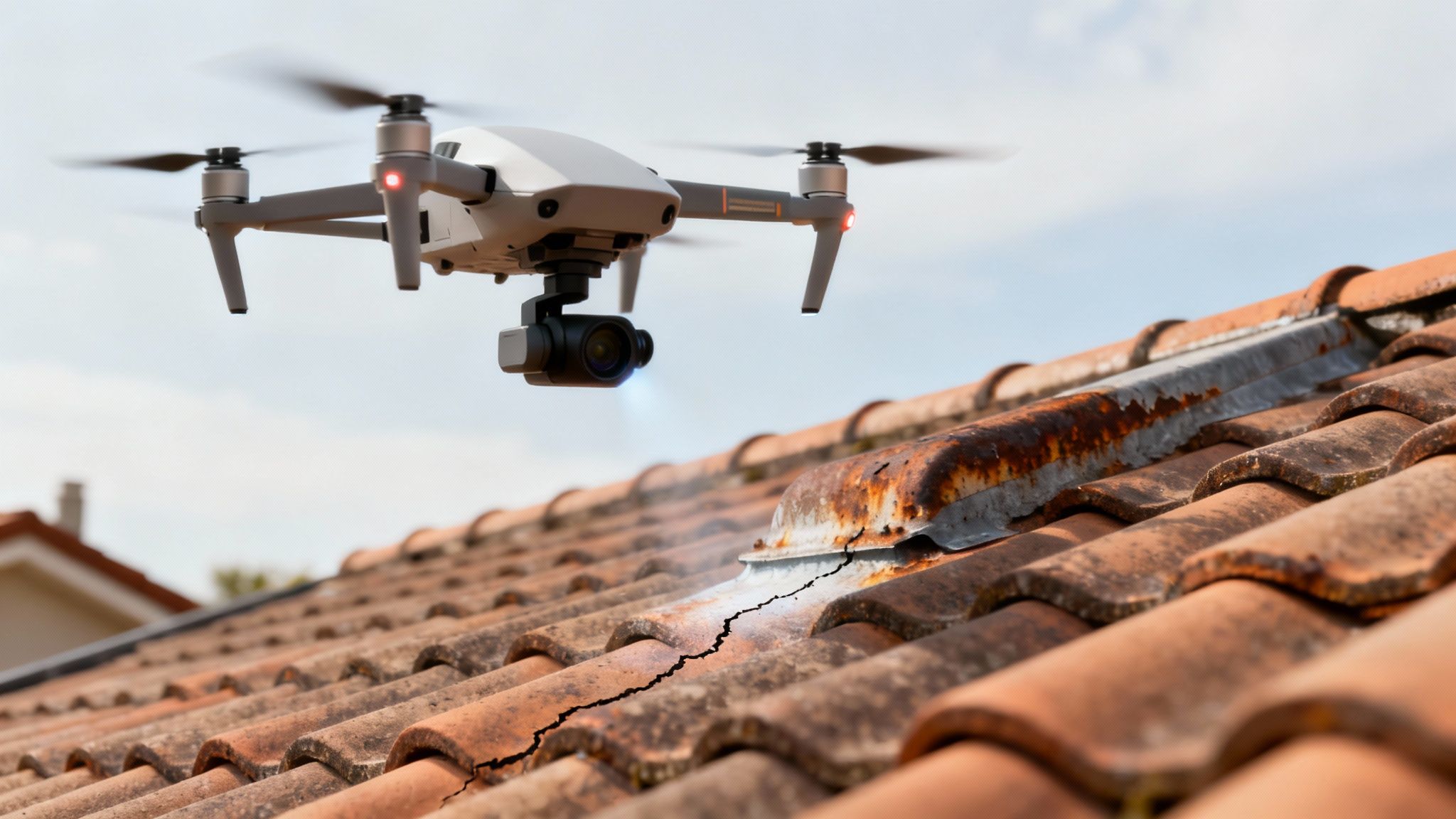 A high-resolution image captured by a drone, showing a detailed view of a roof with tiles and gutters.