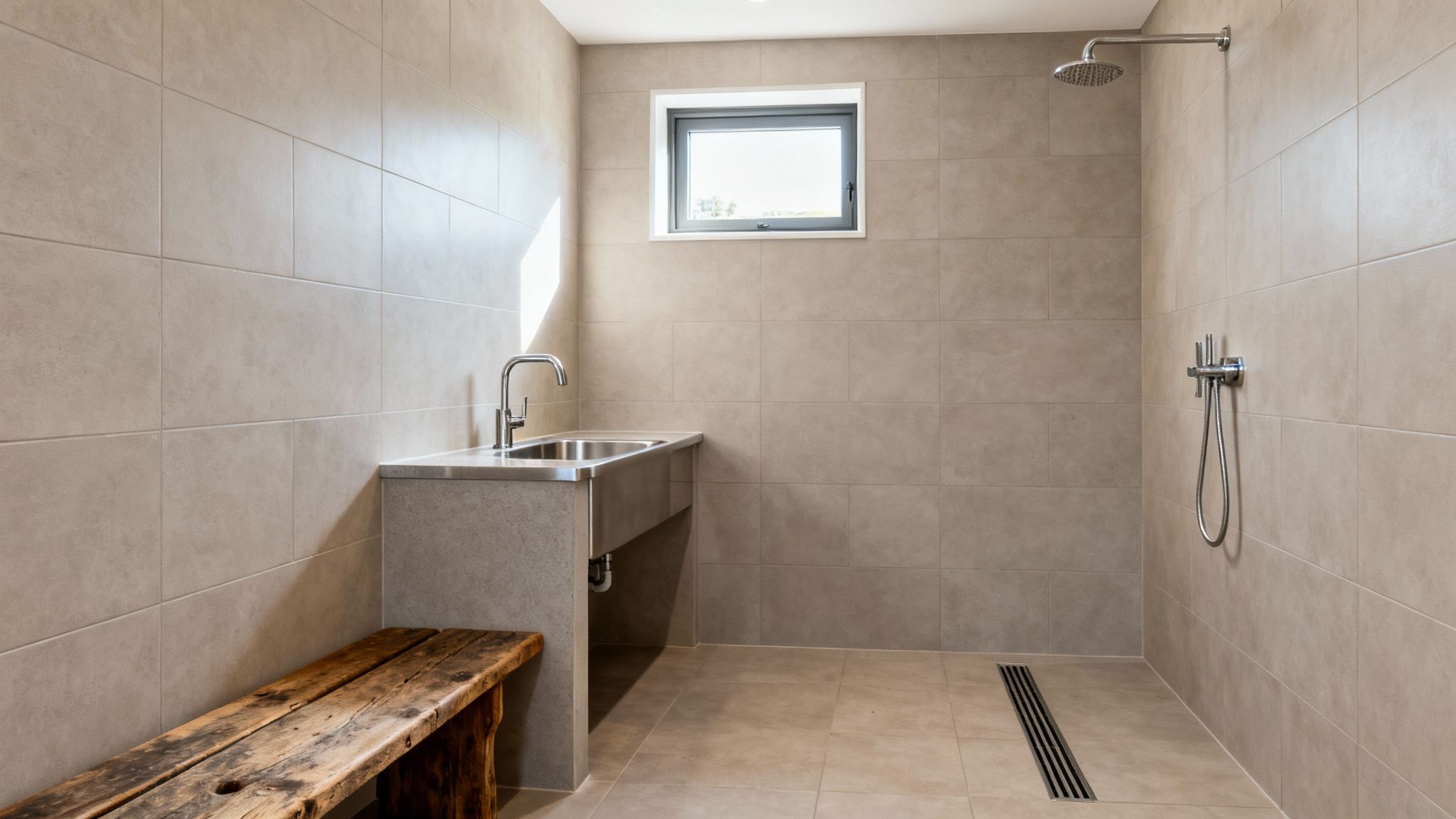 Clean, modern bathroom with beige tiles, a shower, a large sink, and a wooden bench.
