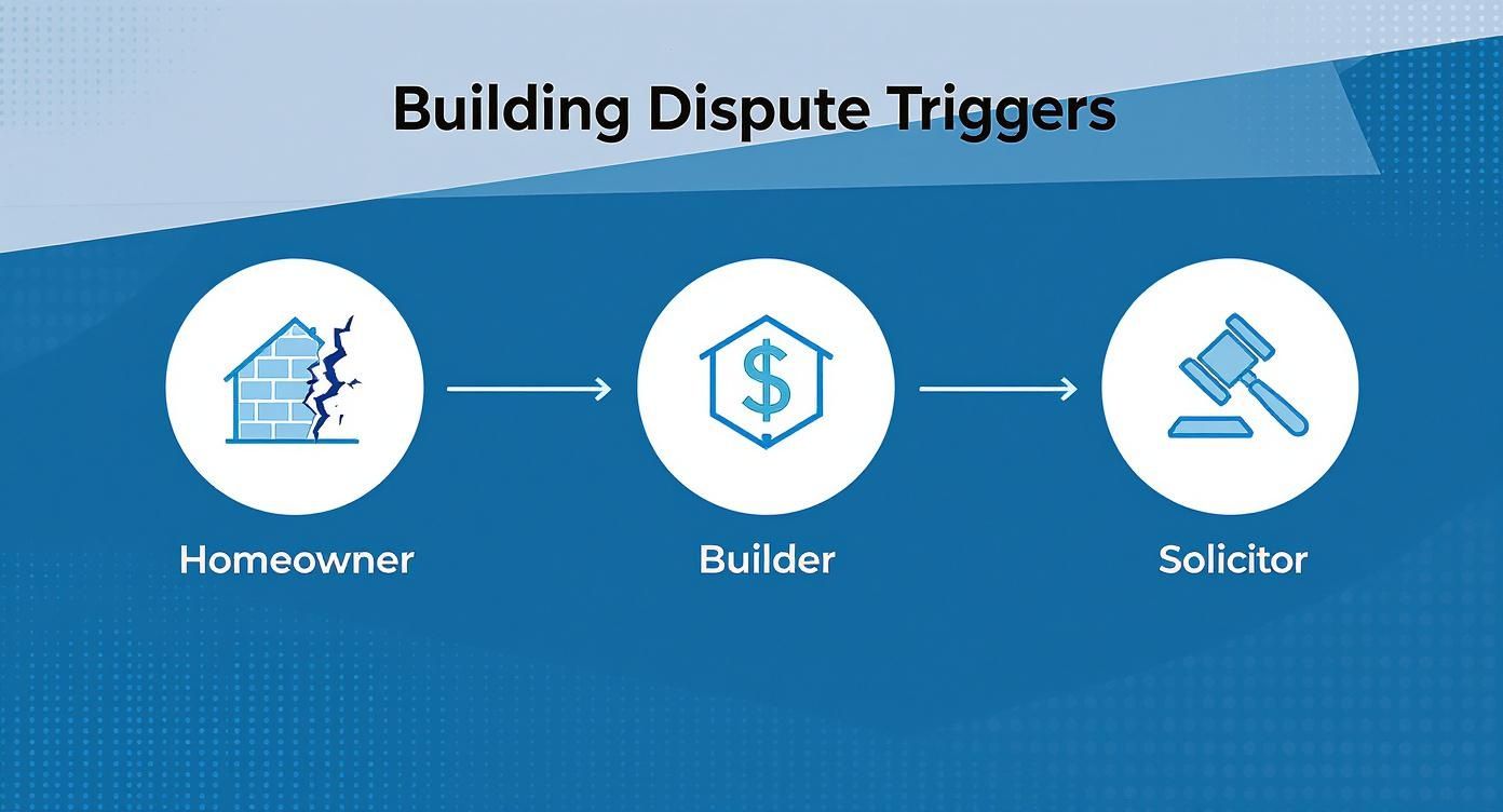 Infographic showing the process flow of building dispute triggers, starting with a homeowner with a cracked wall, a builder with a dollar sign, and a solicitor with a gavel.