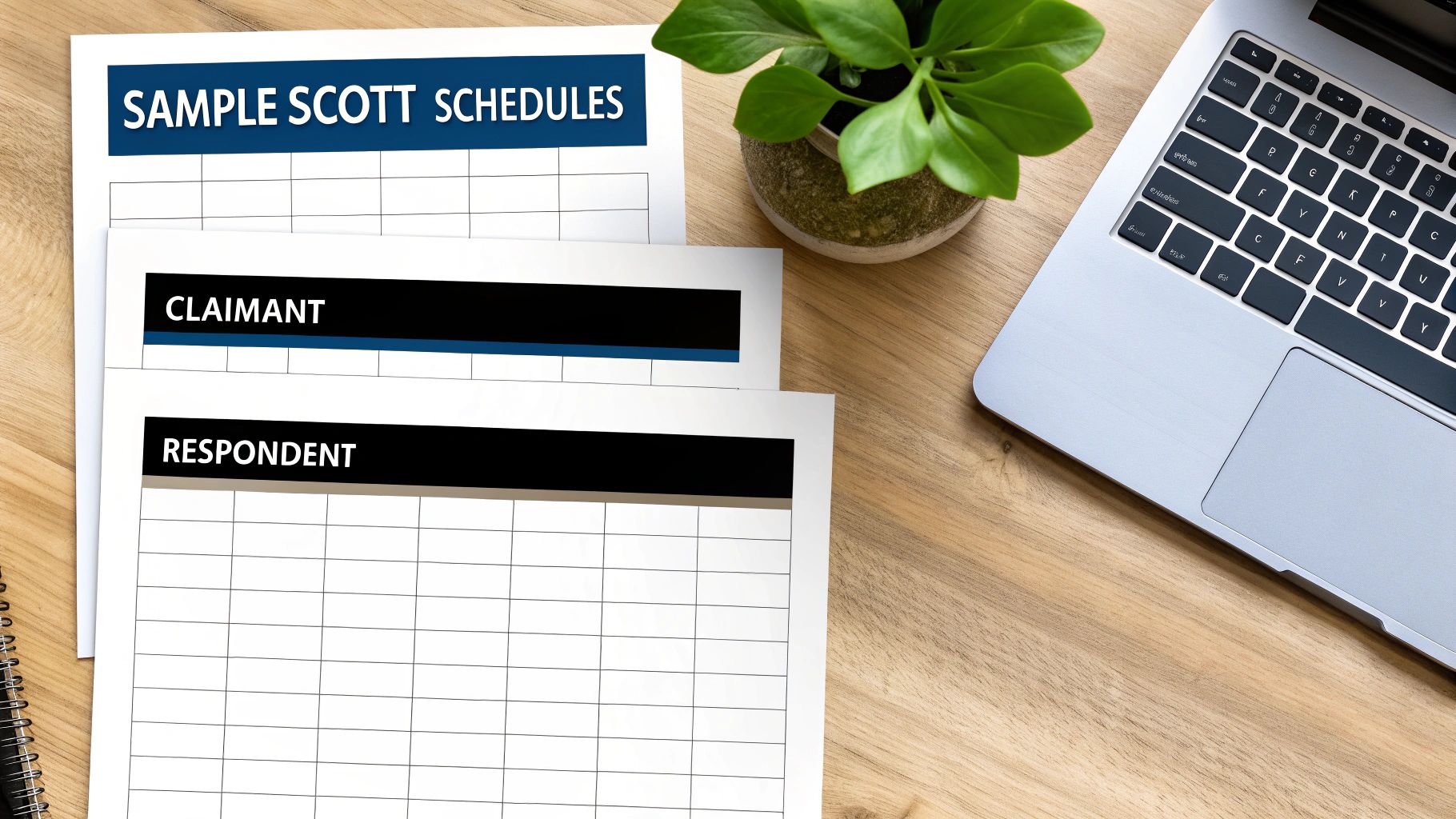 Overhead view of 'Sample Scott Schedules' documents, 'Claimant' and 'Respondent' forms, laptop, and plant on a wooden desk.