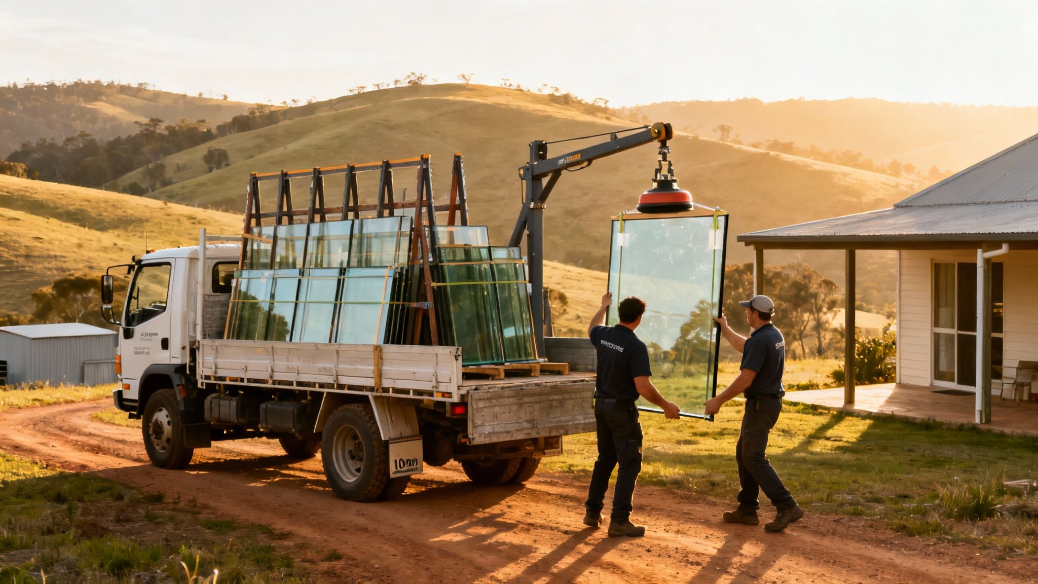 Workers use a crane to deliver and install large glass windows from a truck to a rural house.