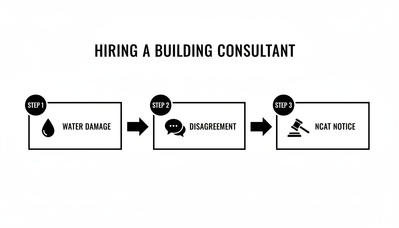 Flowchart showing three steps for hiring a building consultant: water damage, disagreement, and NCAT notice.