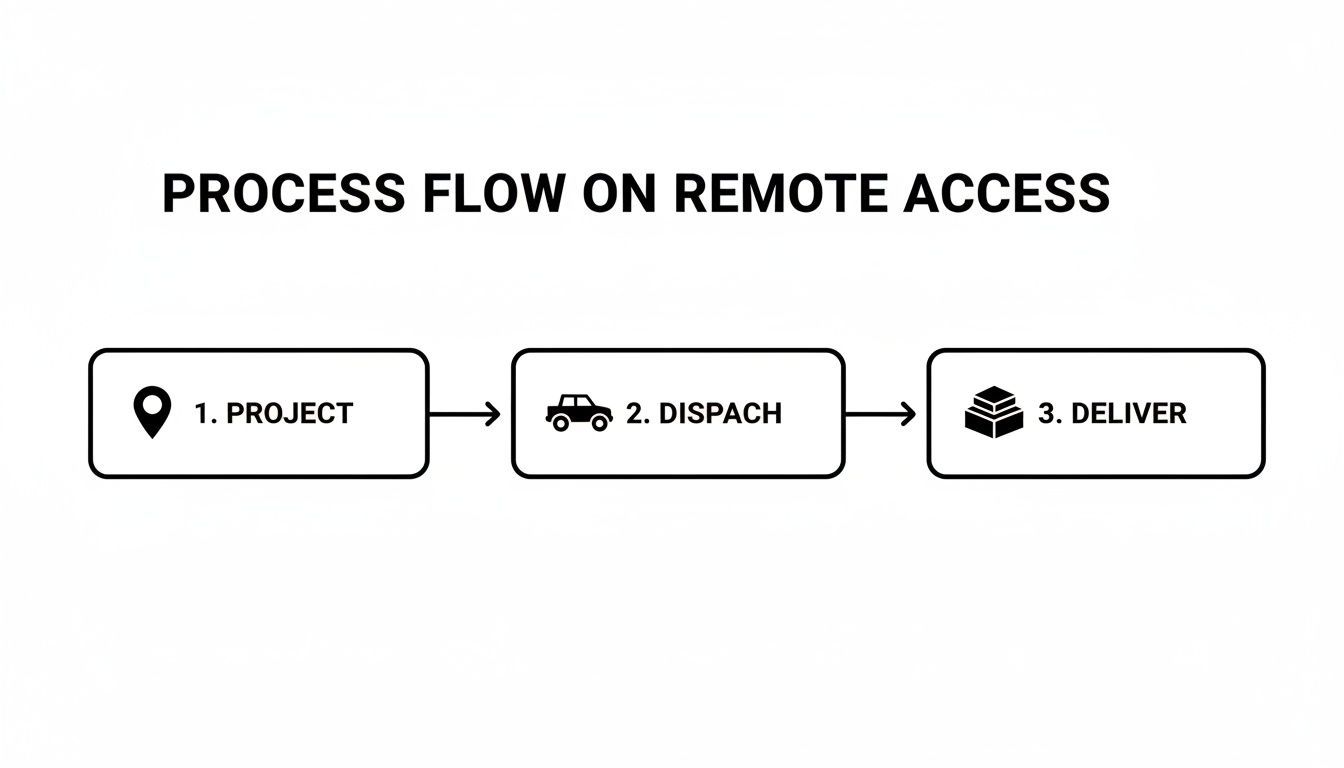 Process flow diagram illustrating remote access steps: 1. Project, 2. Dispatch, 3. Deliver with icons.