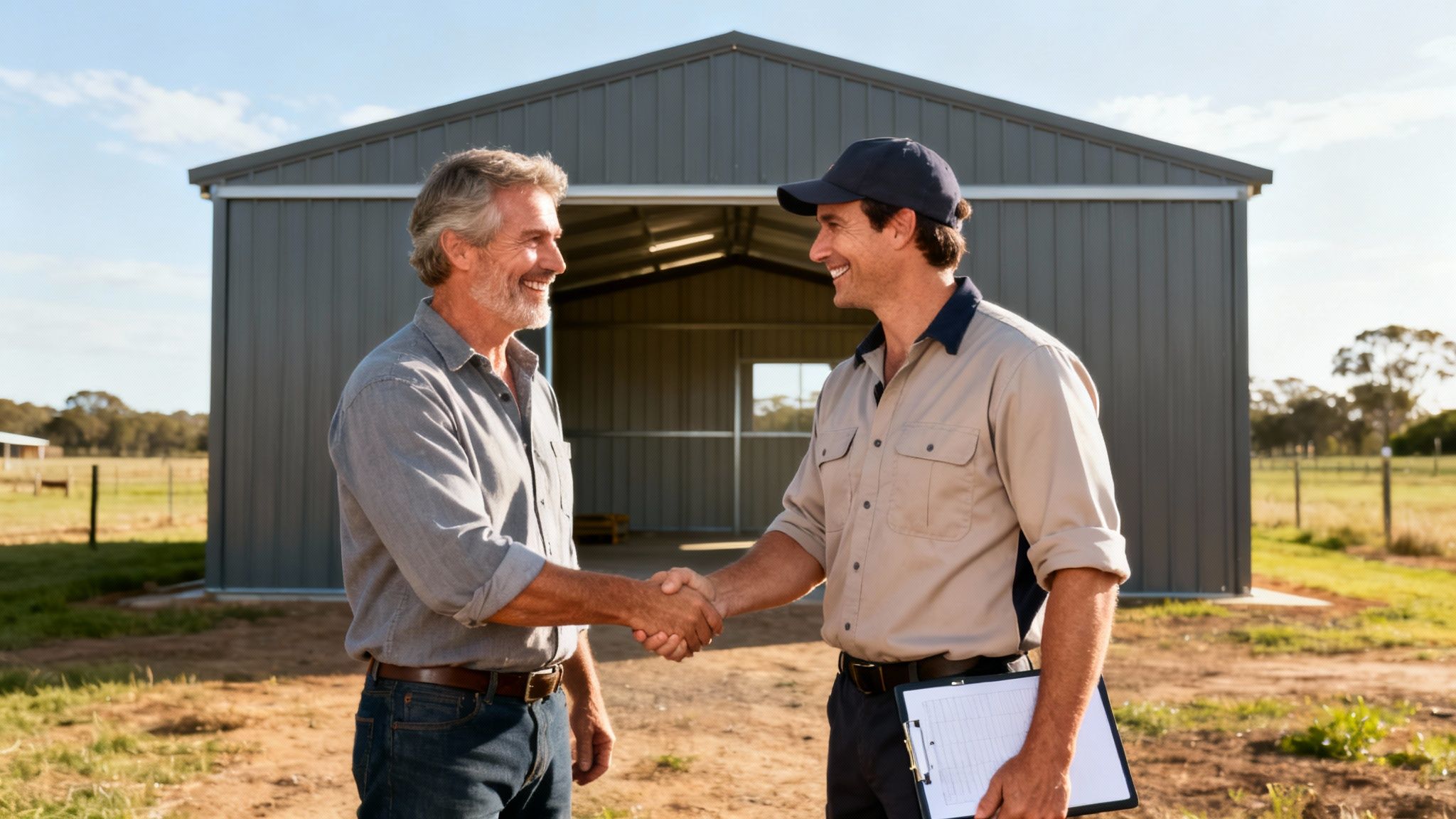 Two smiling men shaking hands in front of a new grey metal shed on a sunny day.