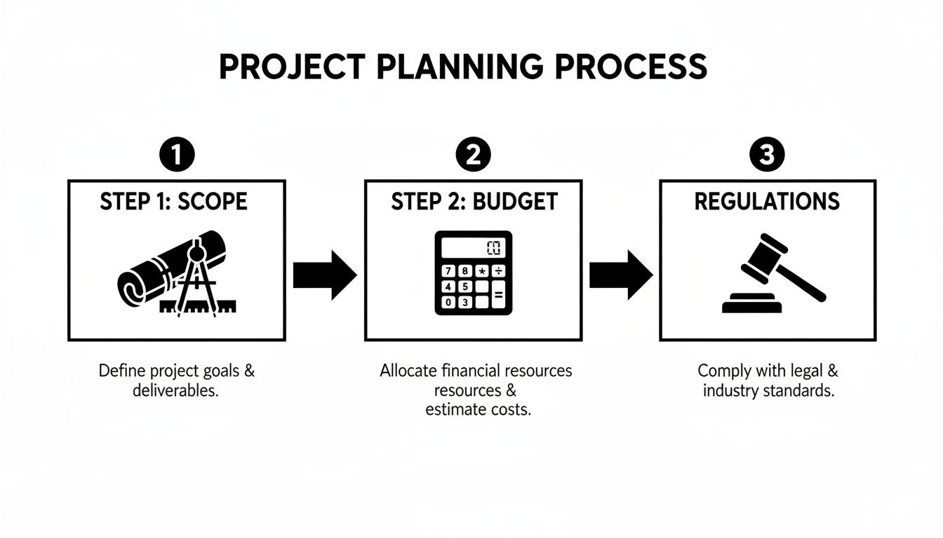A project planning process diagram illustrating three steps: scope, budget, and regulations, with icons.