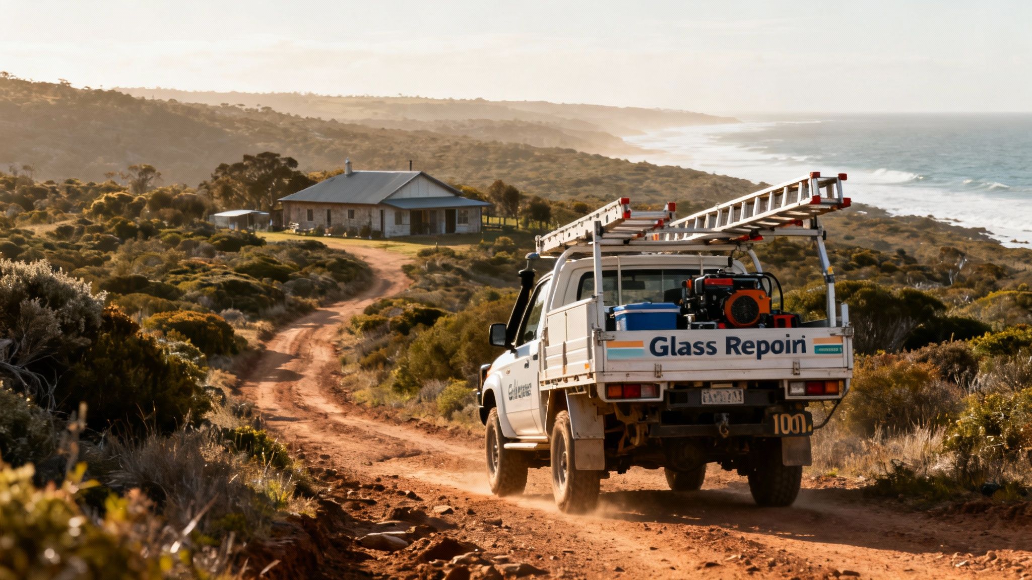 A white utility truck with a ladder rack drives on a dusty dirt road towards a house near a scenic coastline at sunset.