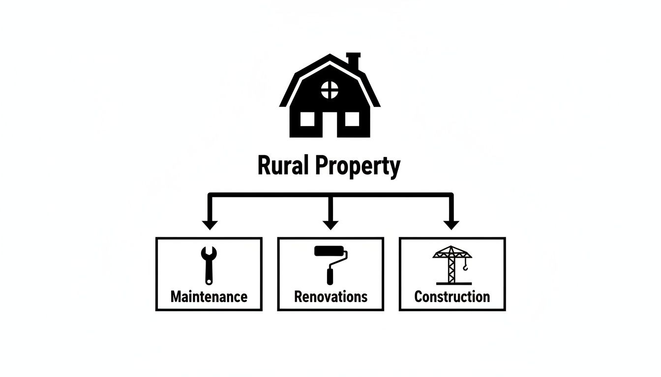 An organizational chart illustrating rural property services including maintenance, renovations, and new construction.