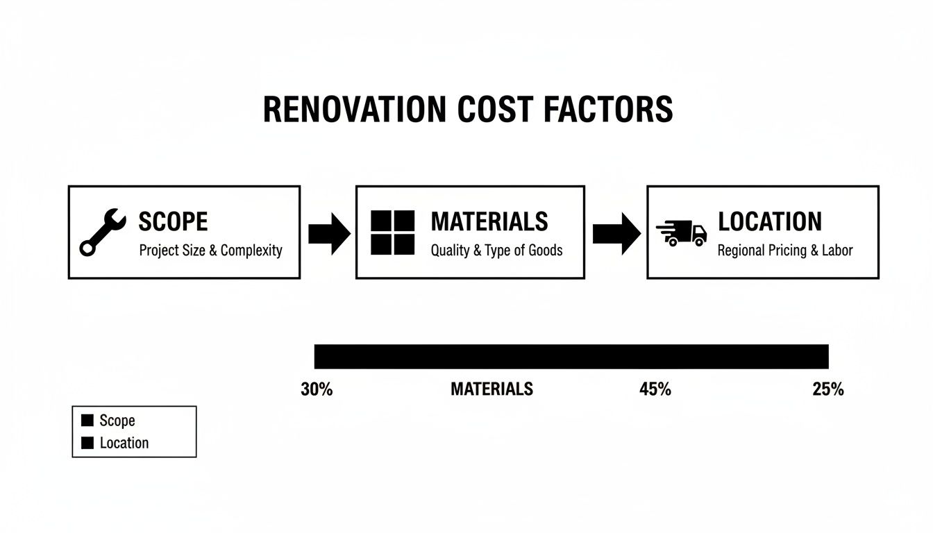 A diagram illustrating renovation cost factors including scope, materials, and location with their percentage distribution.